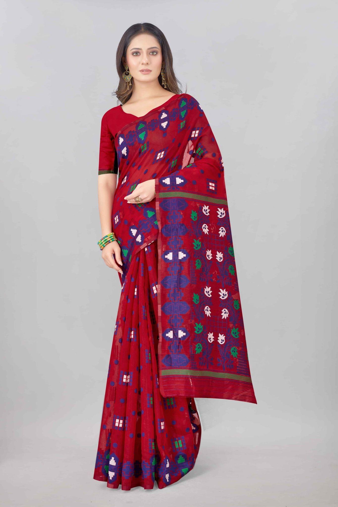 Red Woven Jamdani Cotton Silk Saree