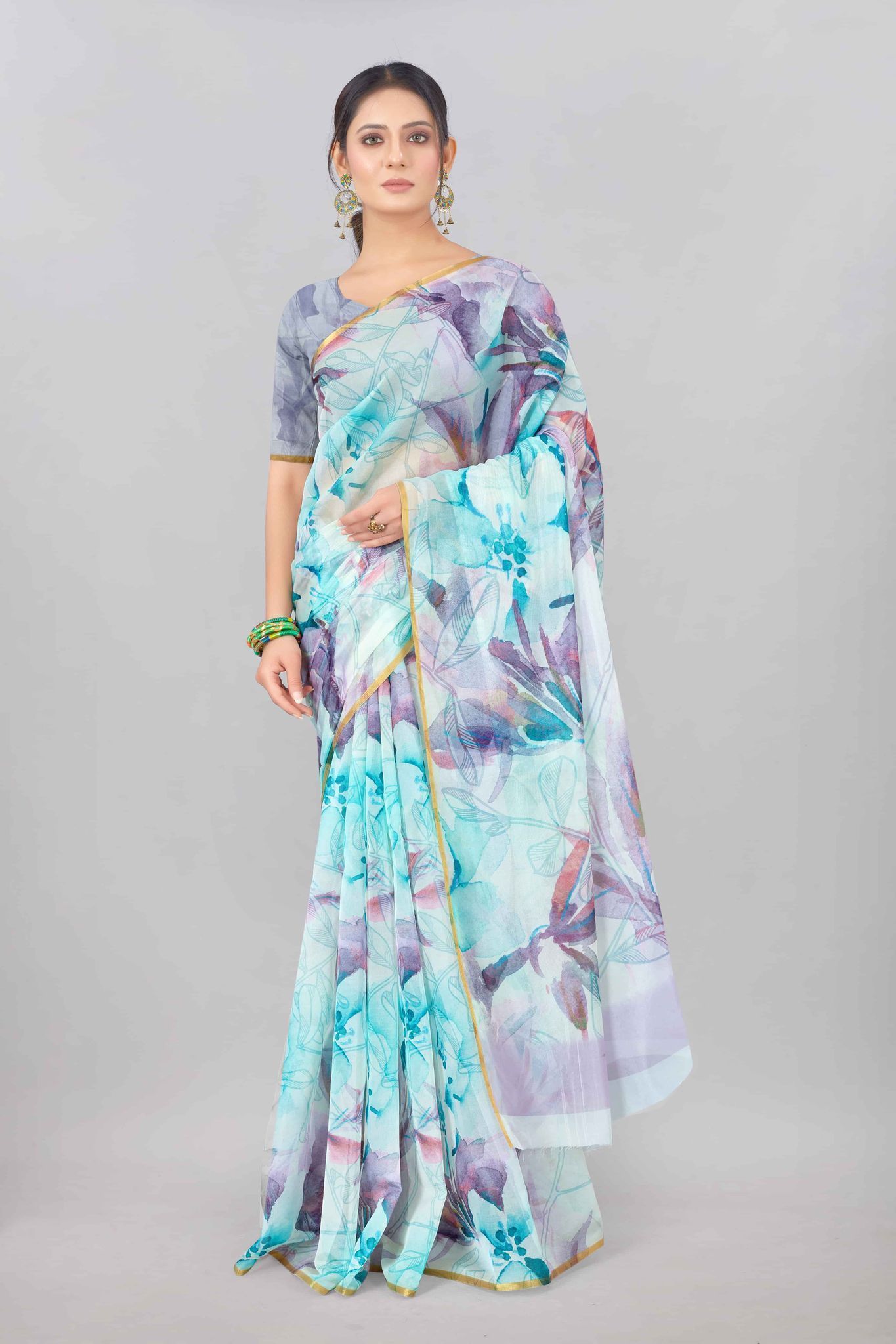 Light Blue Organza Digital Printed Saree with Zari Border