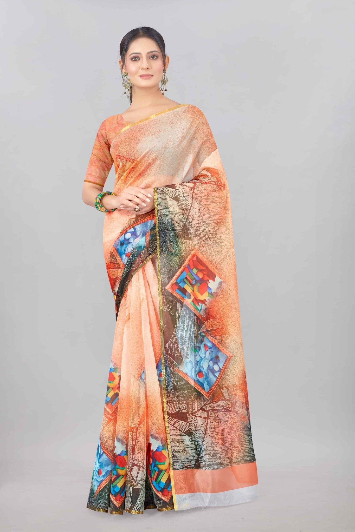 Orange Organza Digital Printed Saree with Zari Border