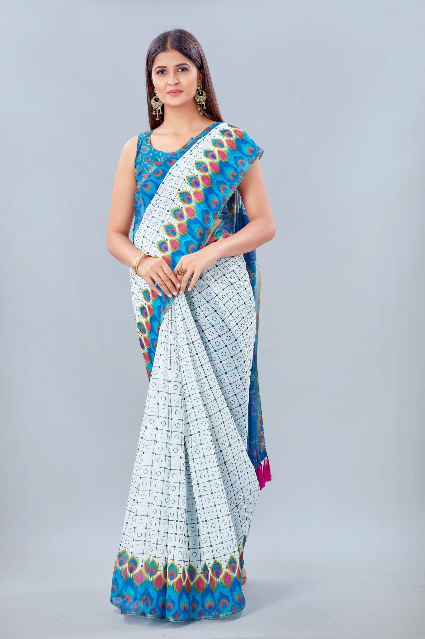 Women's Pure Cotton Checks Digital Print Multicolor Saree