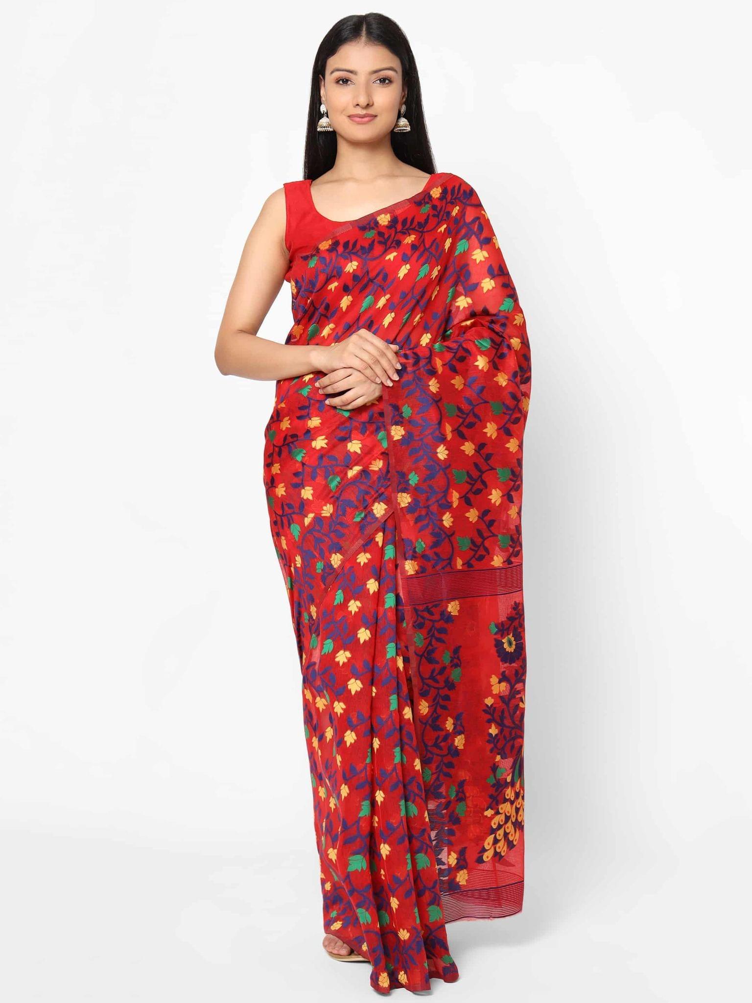 Women's Pure Cotton Woven Jamdani Red Saree