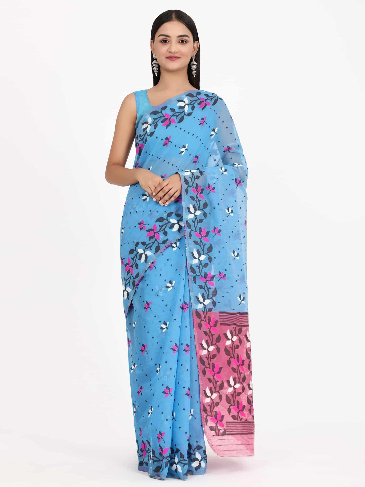 Women's Pure Cotton Woven Jamdani Blue Saree