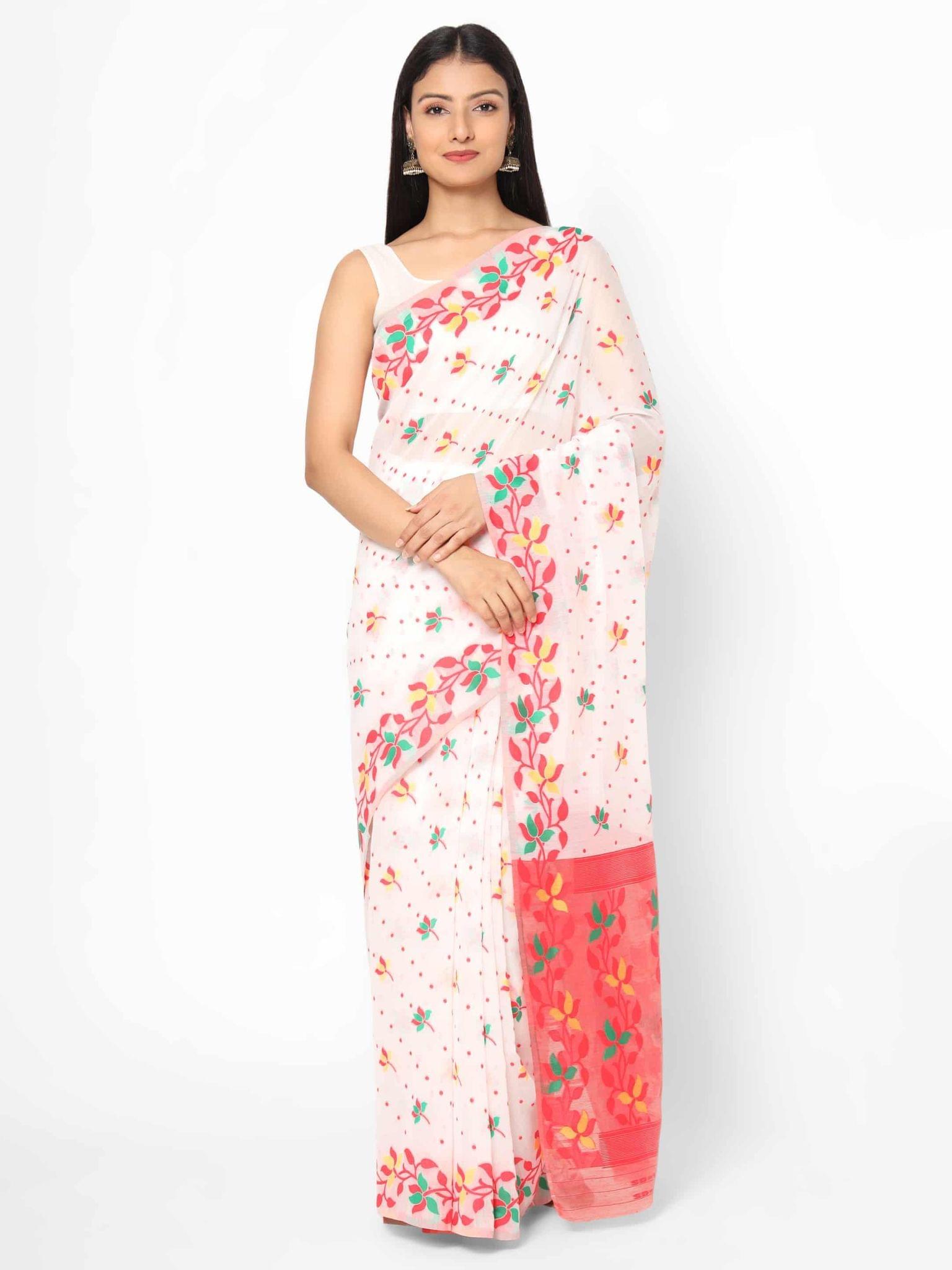 Women's Pure Cotton Woven Jamdani White Saree