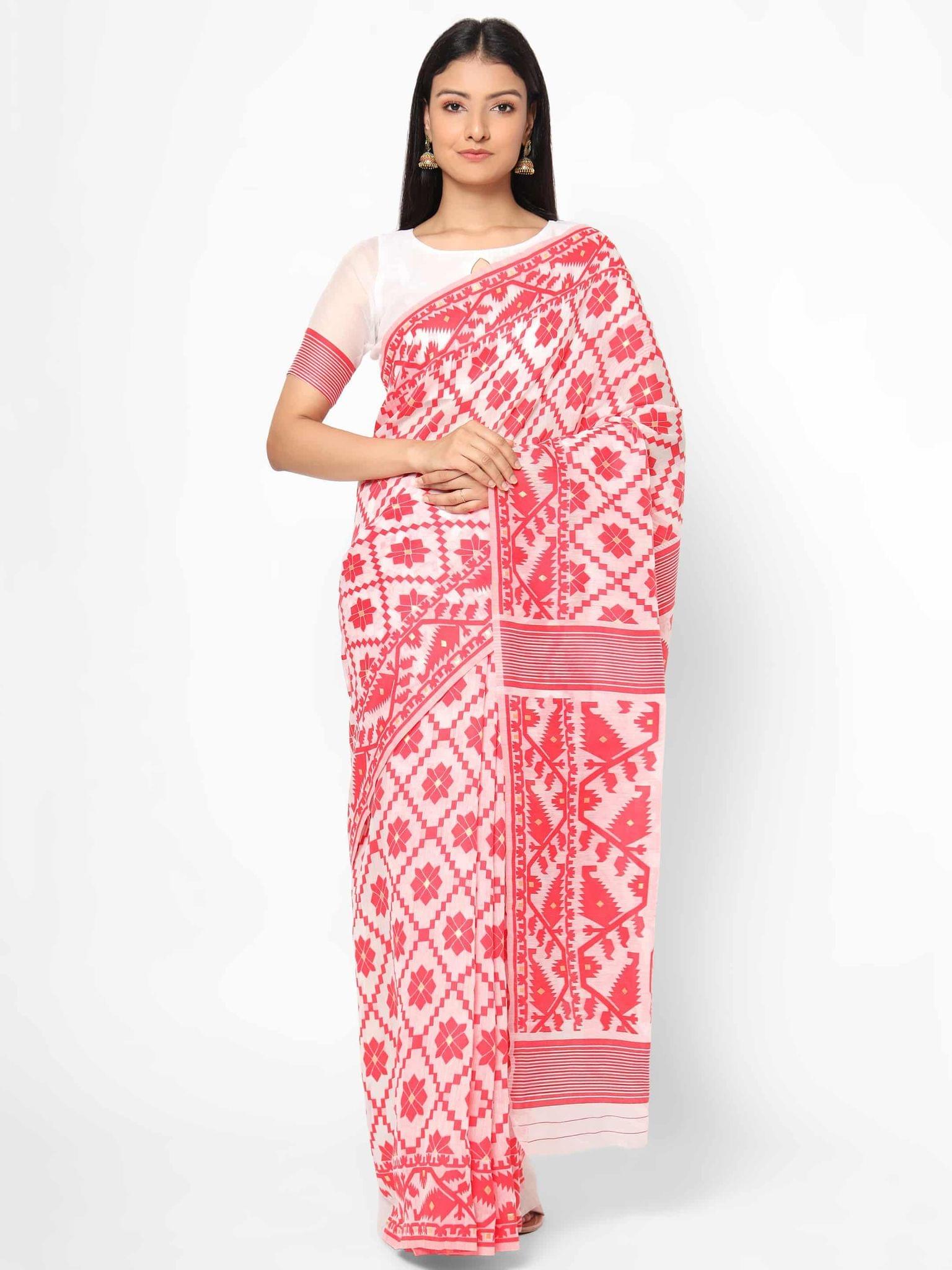 Women's Pure Cotton Woven Jamdani Pink Saree