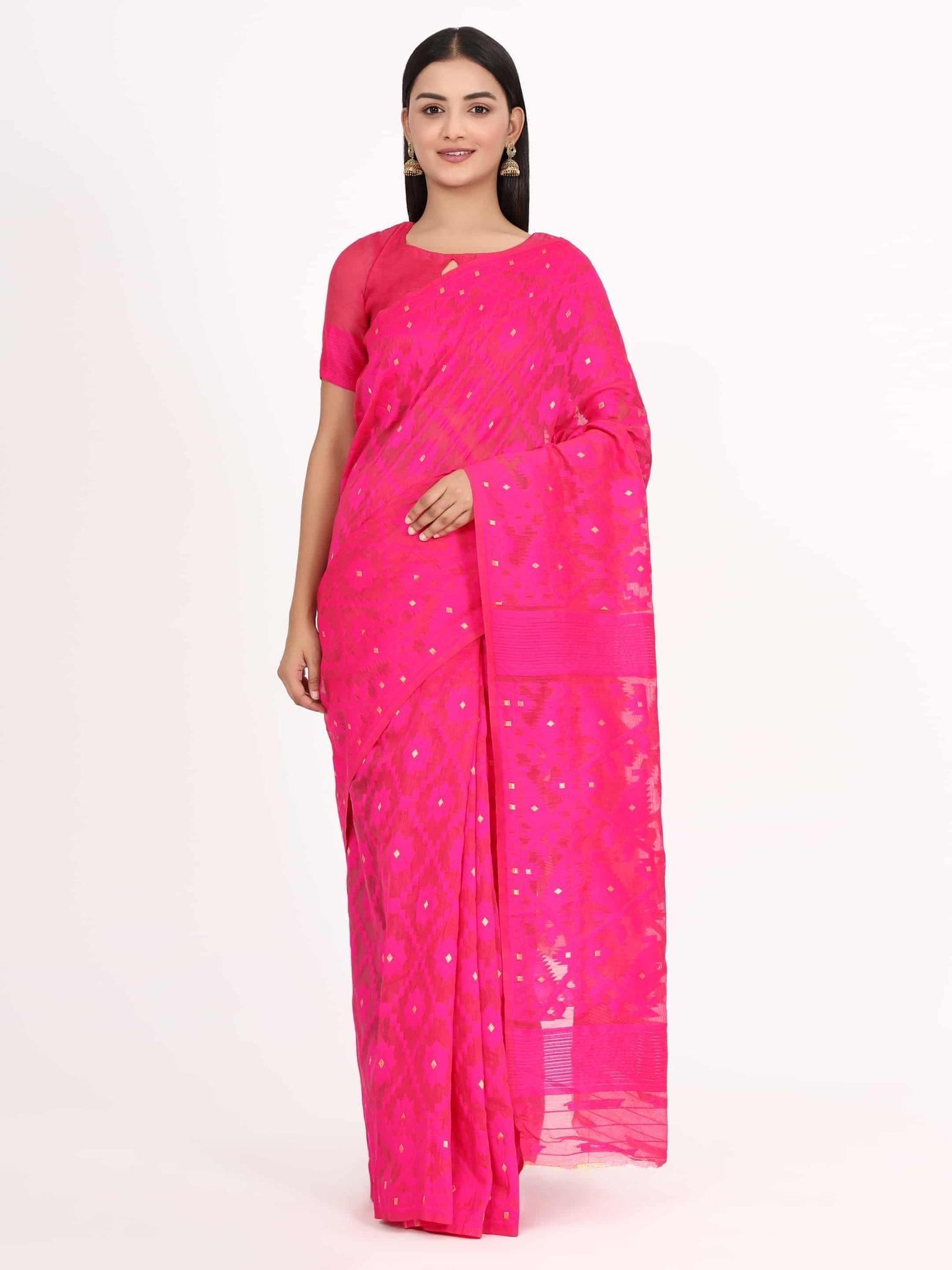 Women's Pure Cotton Woven Jamdani Pink Saree
