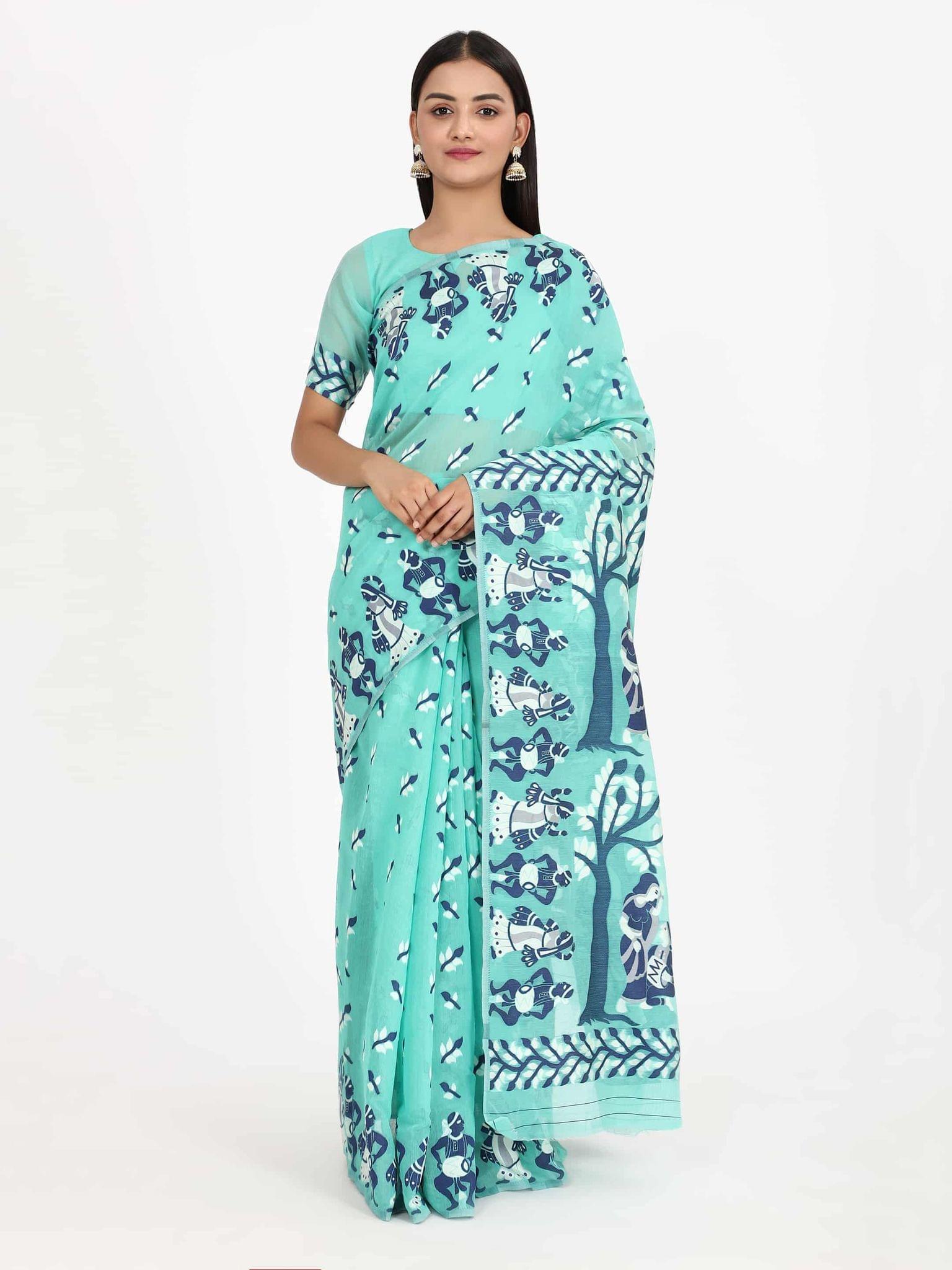 Women's Pure Cotton Woven Jamdani Rama Saree