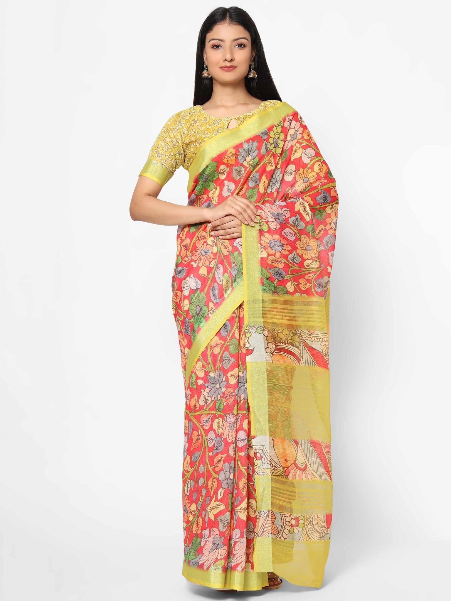 Women's Linen Floral Print Yellow Saree