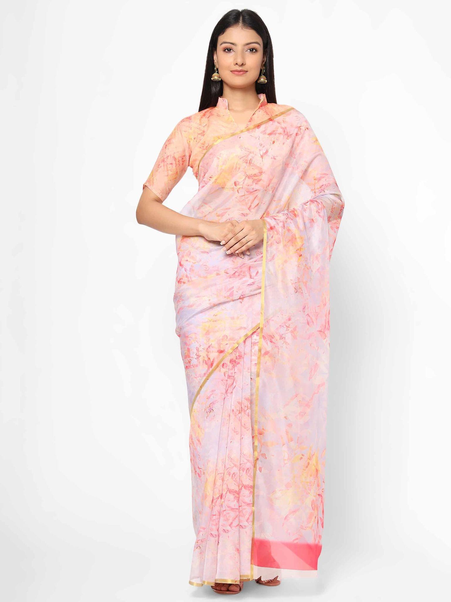 Women's Organza Floral Print Pink Saree