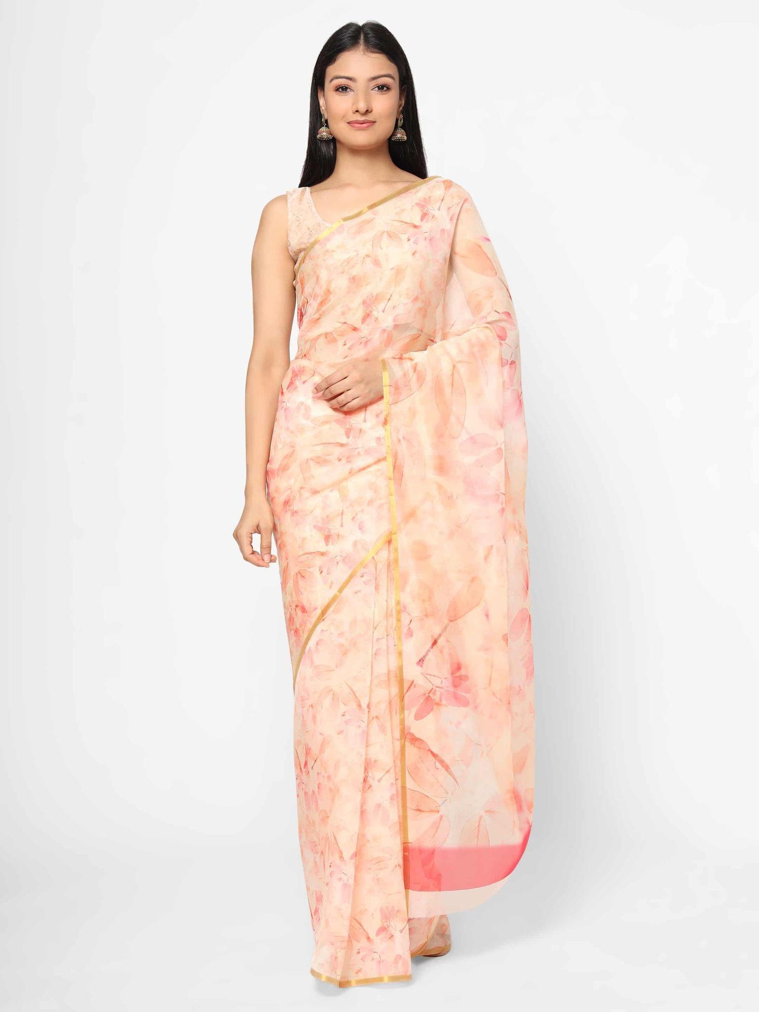 Women's Organza Floral Print Peach Saree