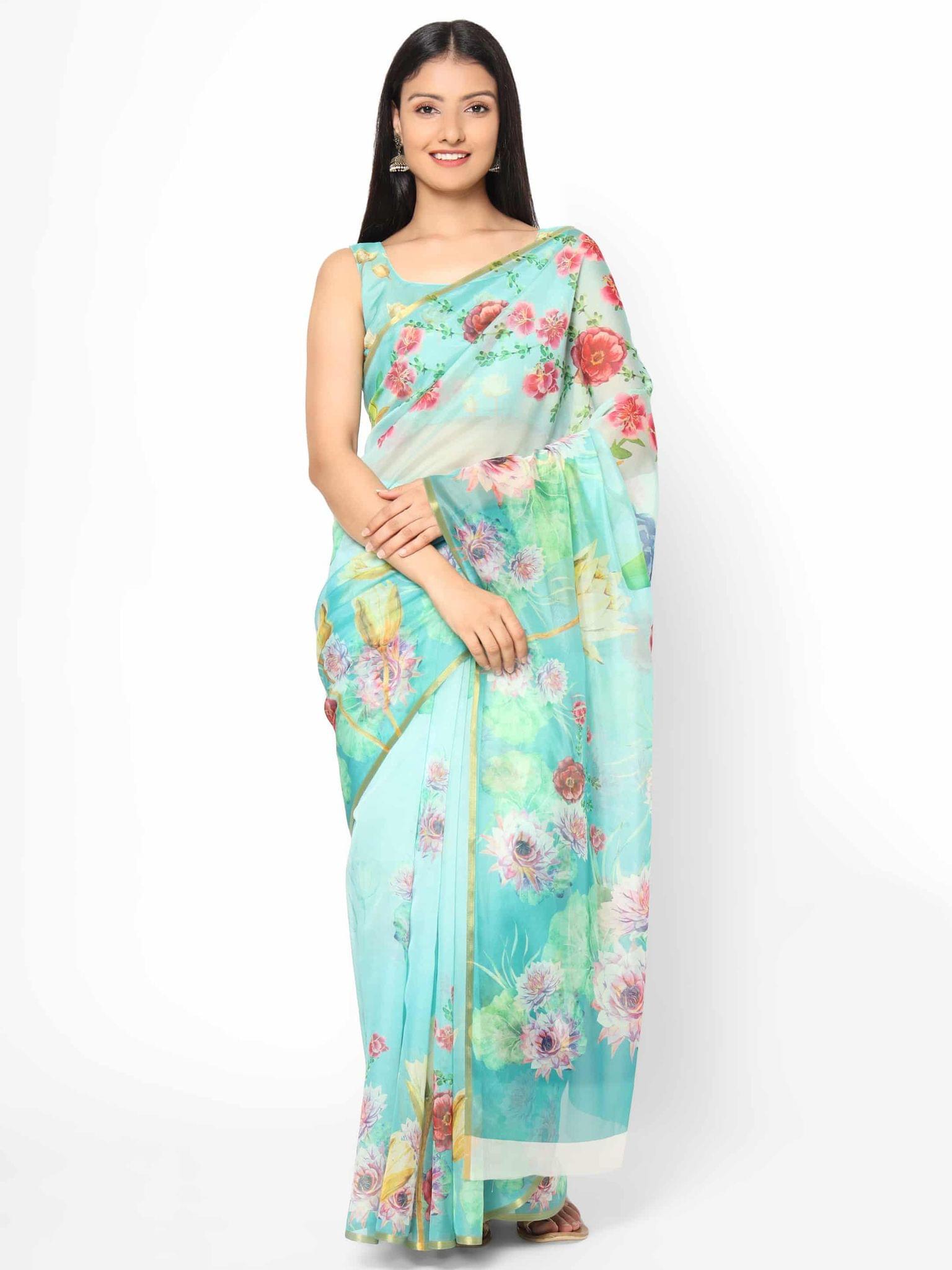 Women's Organza Floral Print Blue Saree