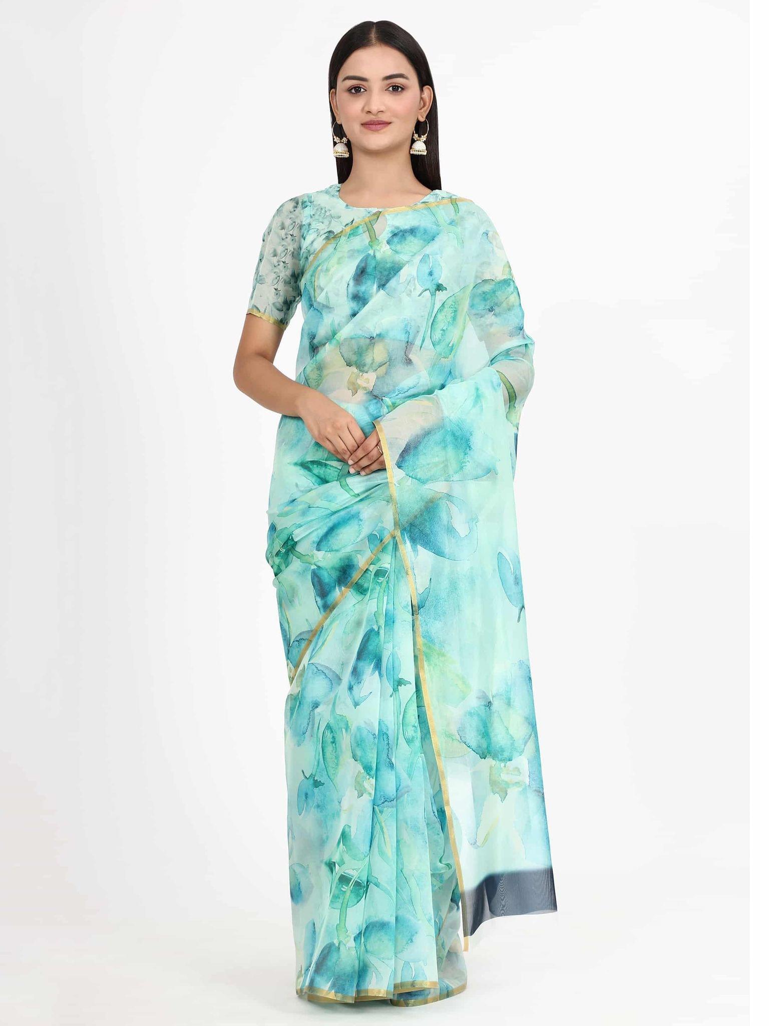 Women's Organza Floral Print Blue Saree