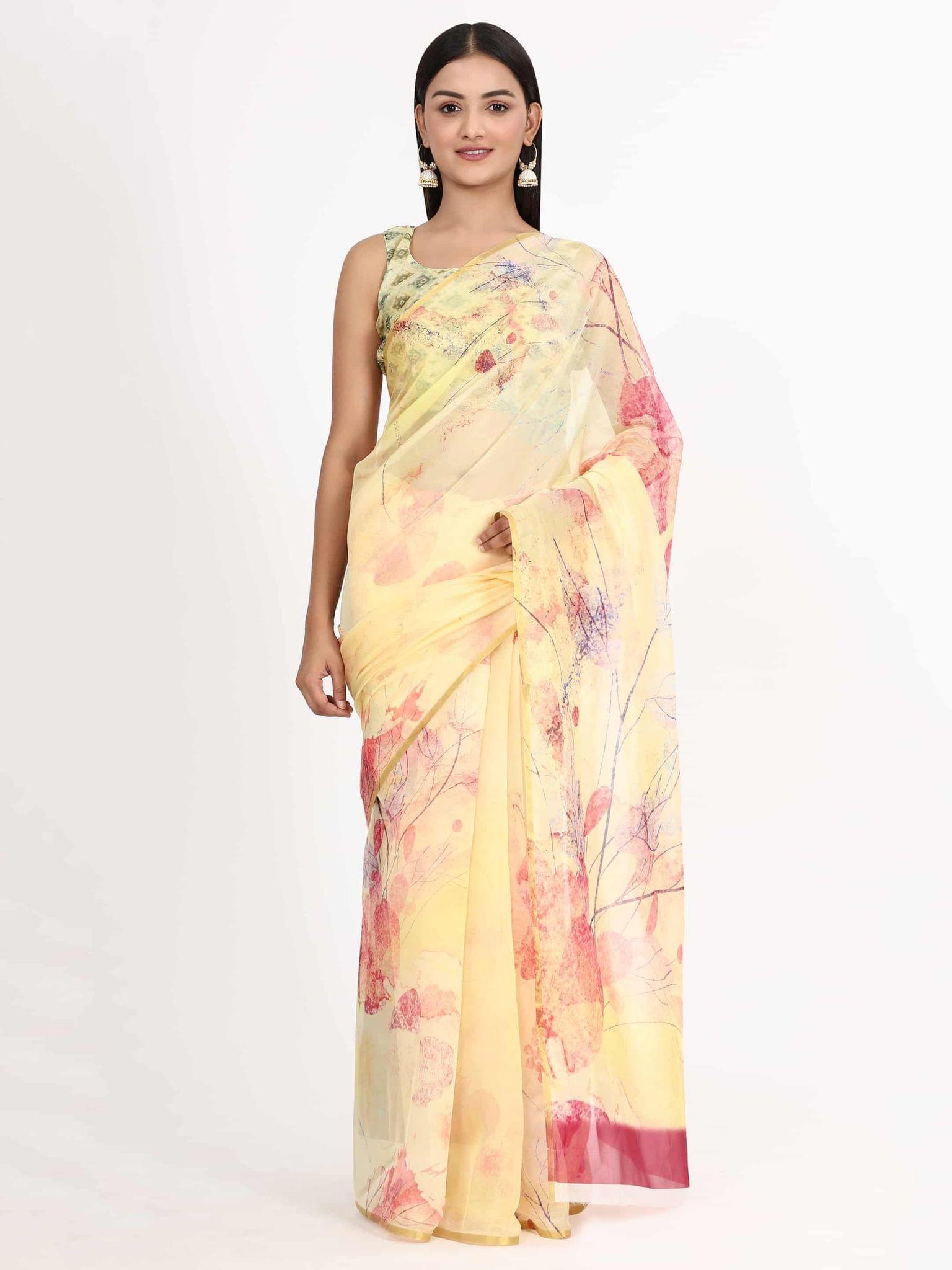 Women's Organza Floral Print Yellow Saree