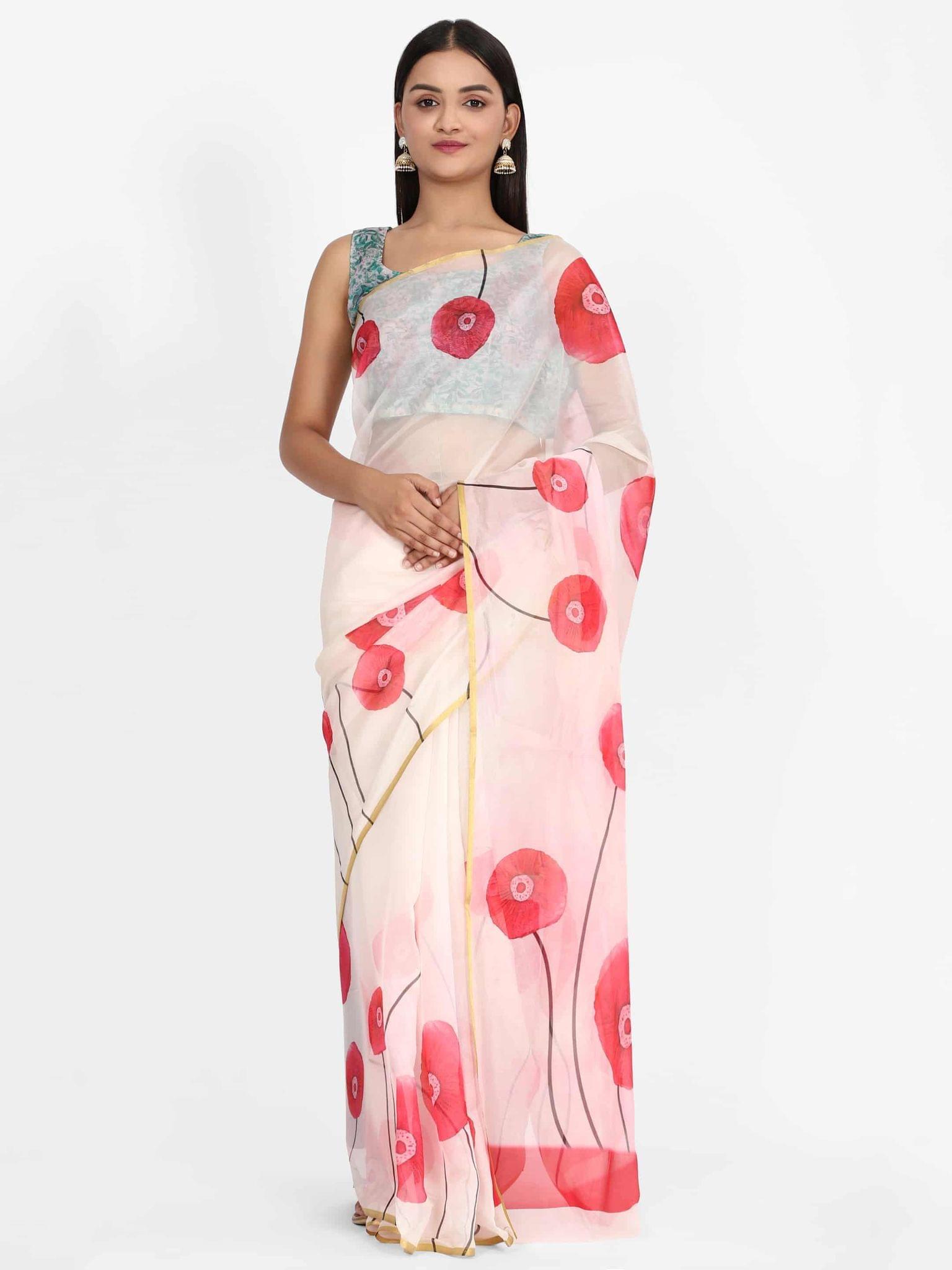 Women's Organza Floral Print Red Saree