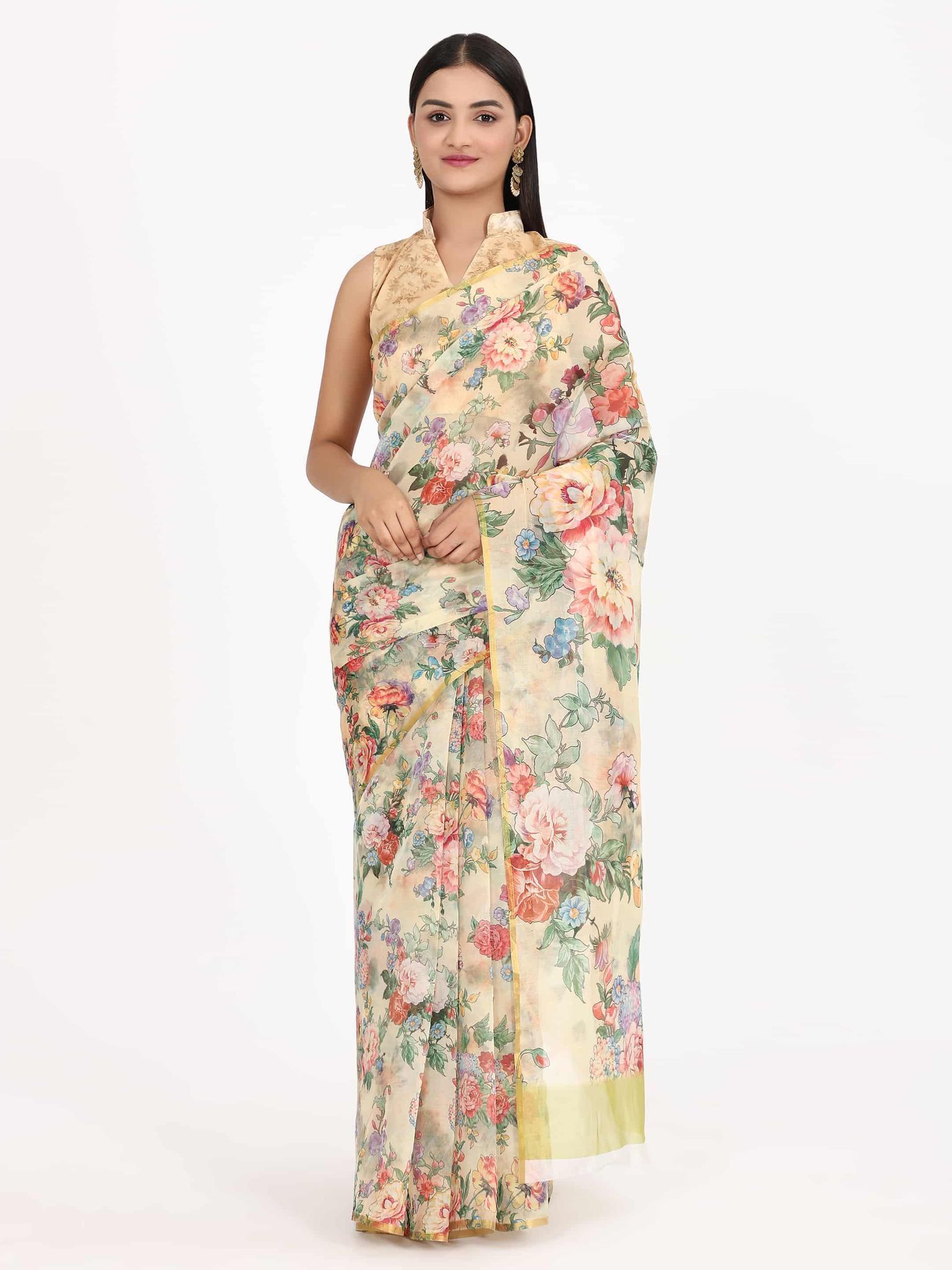 Women's Organza Floral Print Multicolor Saree
