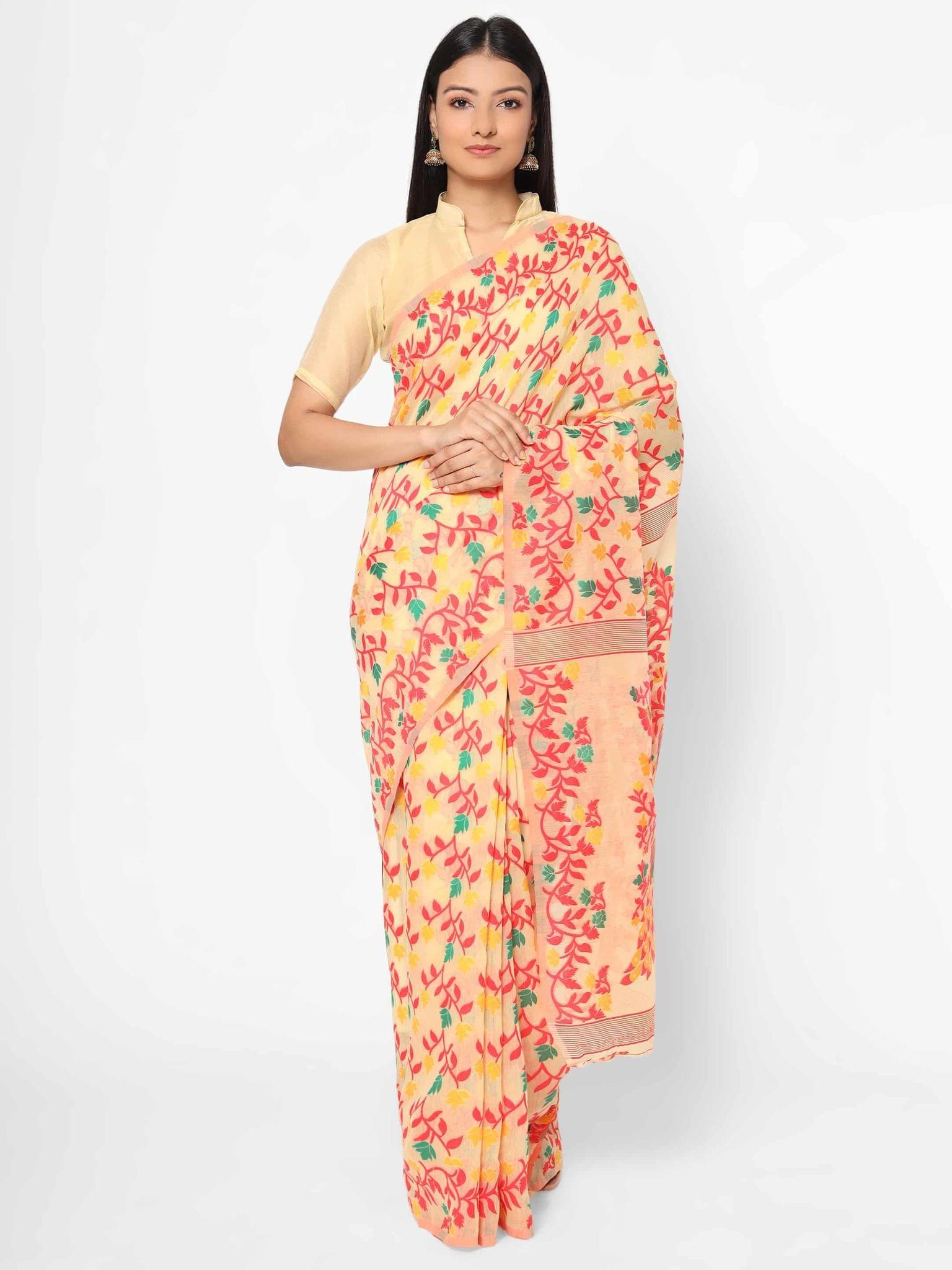 Women's Pure Cotton Woven Jamdani Orange Saree
