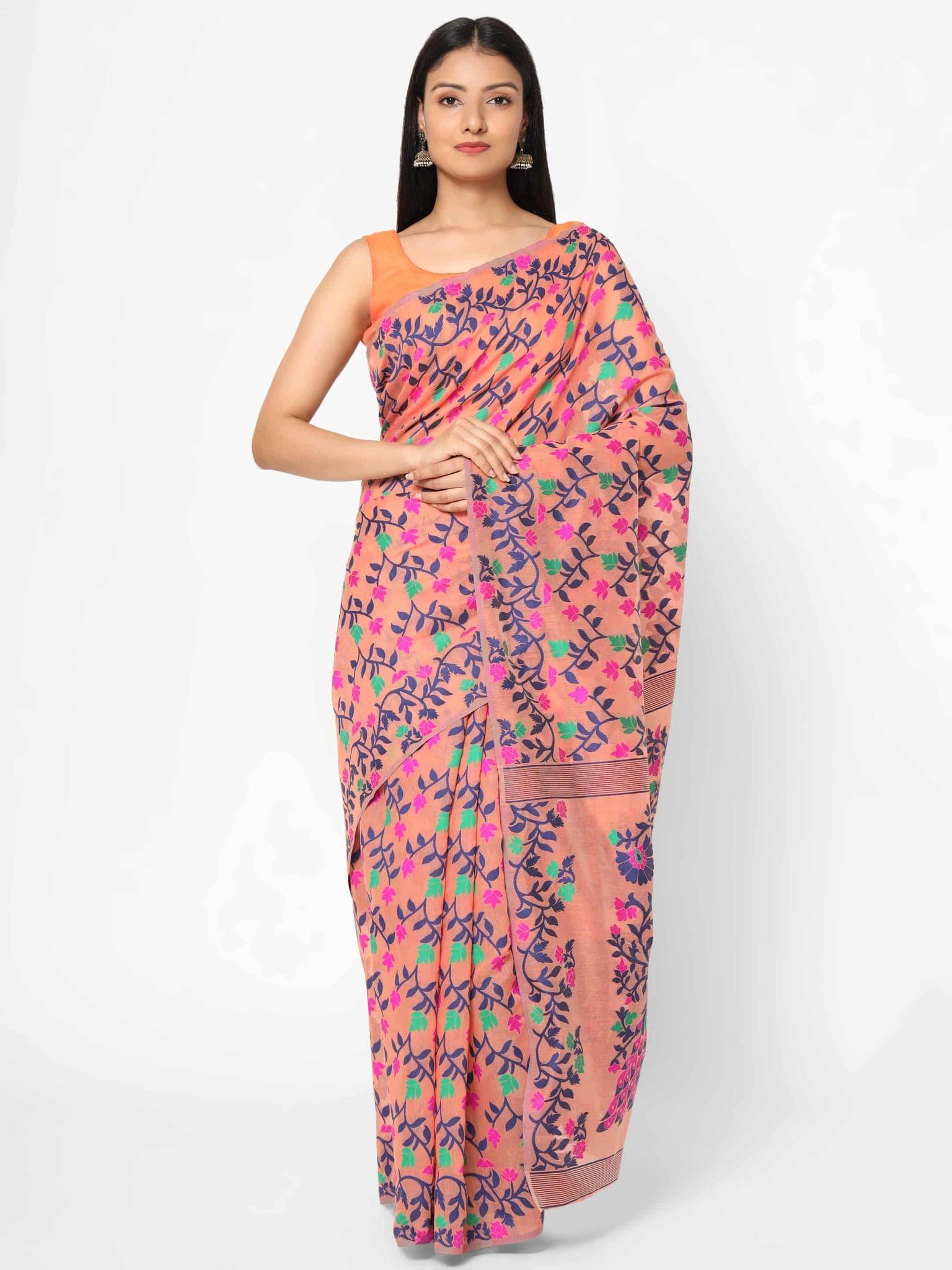 Women's Pure Cotton Woven Jamdani Peach Saree