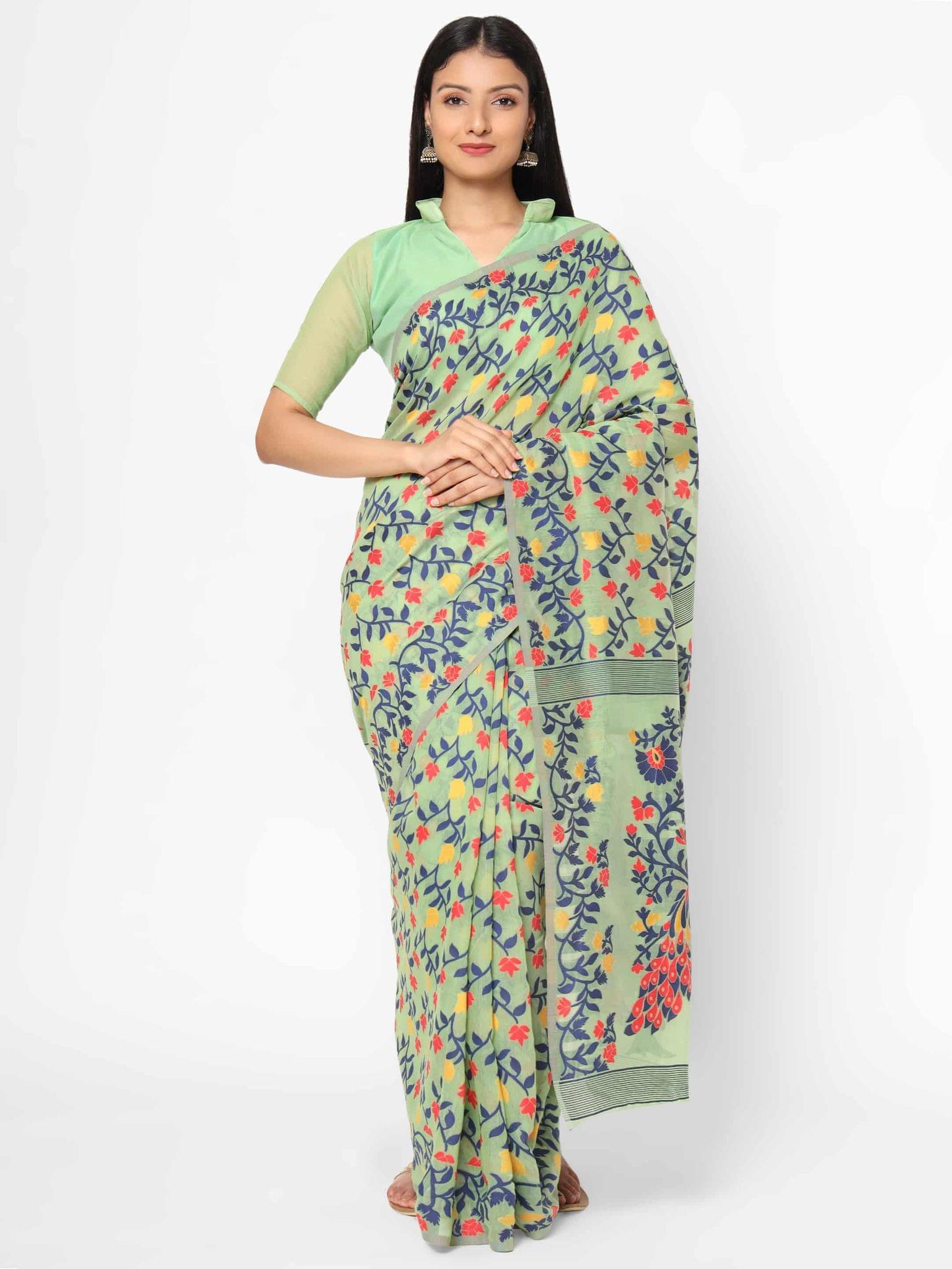 Women's Pure Cotton Woven Jamdani Light Green Saree