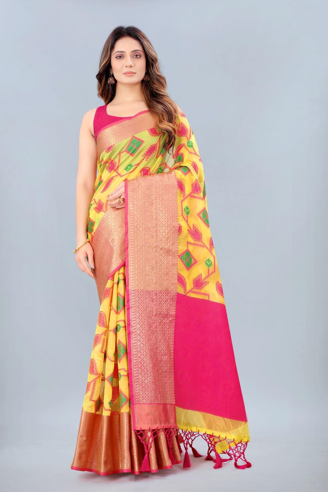 Silk Zone Women's Ikat Woven Design Yellow Saree