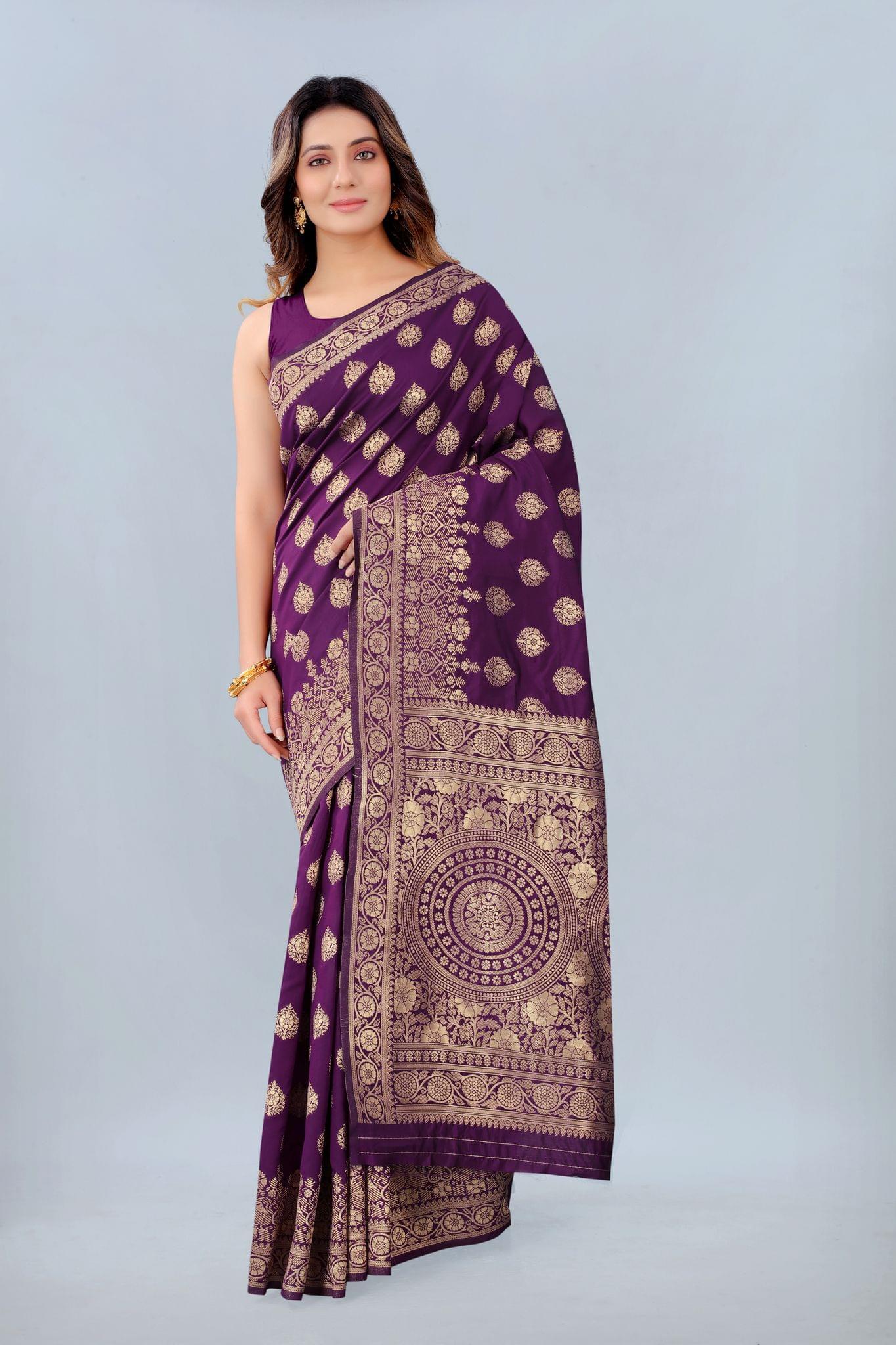 Women's Banarasi Silk Woven Wine Saree with Unstitched Blouse Piece