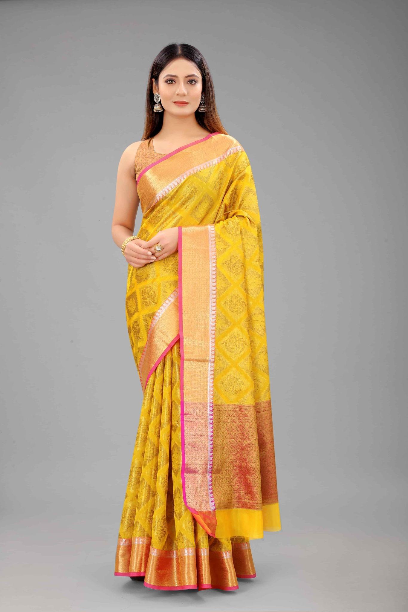 Women's Kanjeewaramn Silk Woven Yellow Saree