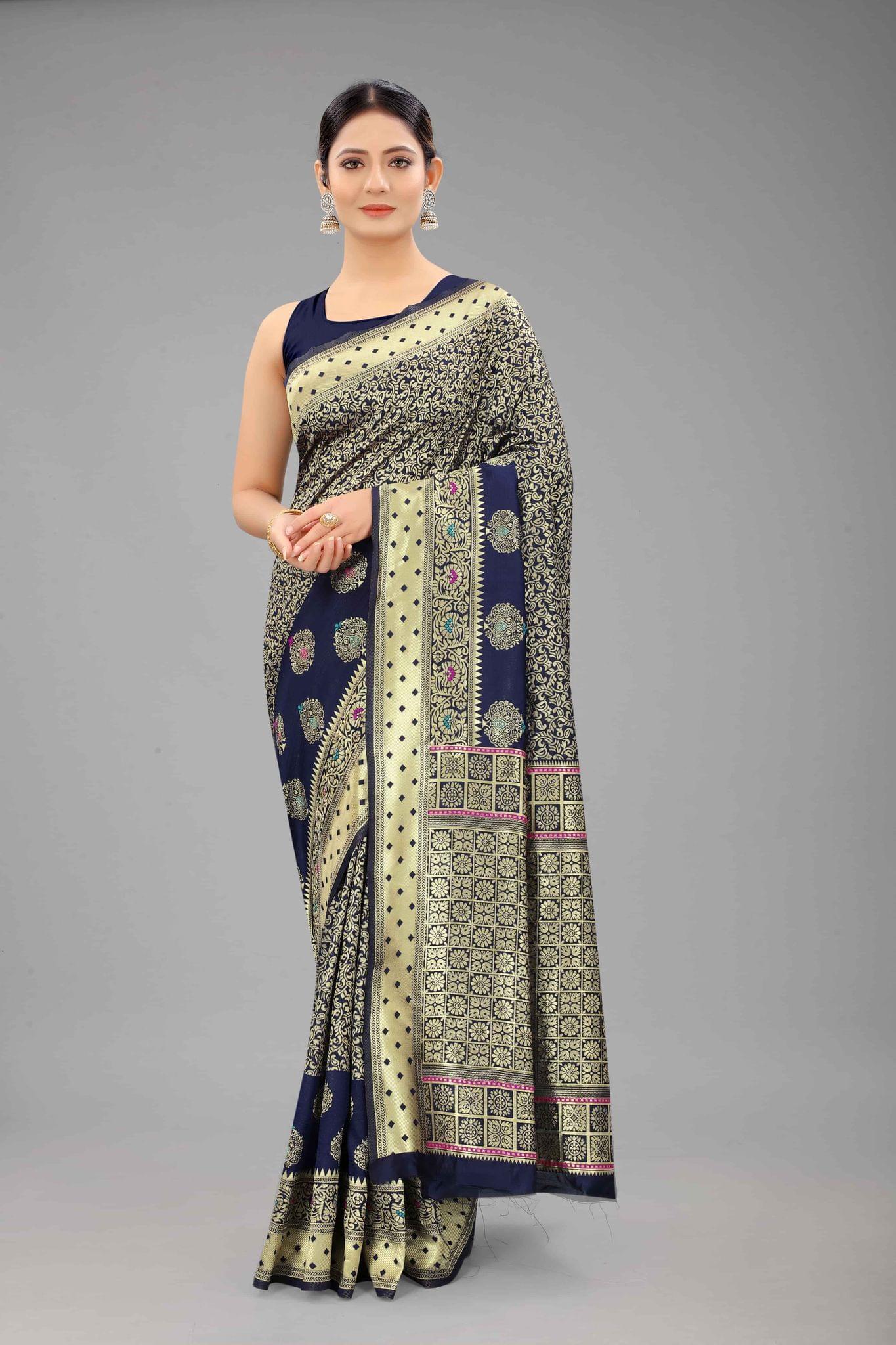 Women's Banarasi Silk Woven Design Navy Blue Saree