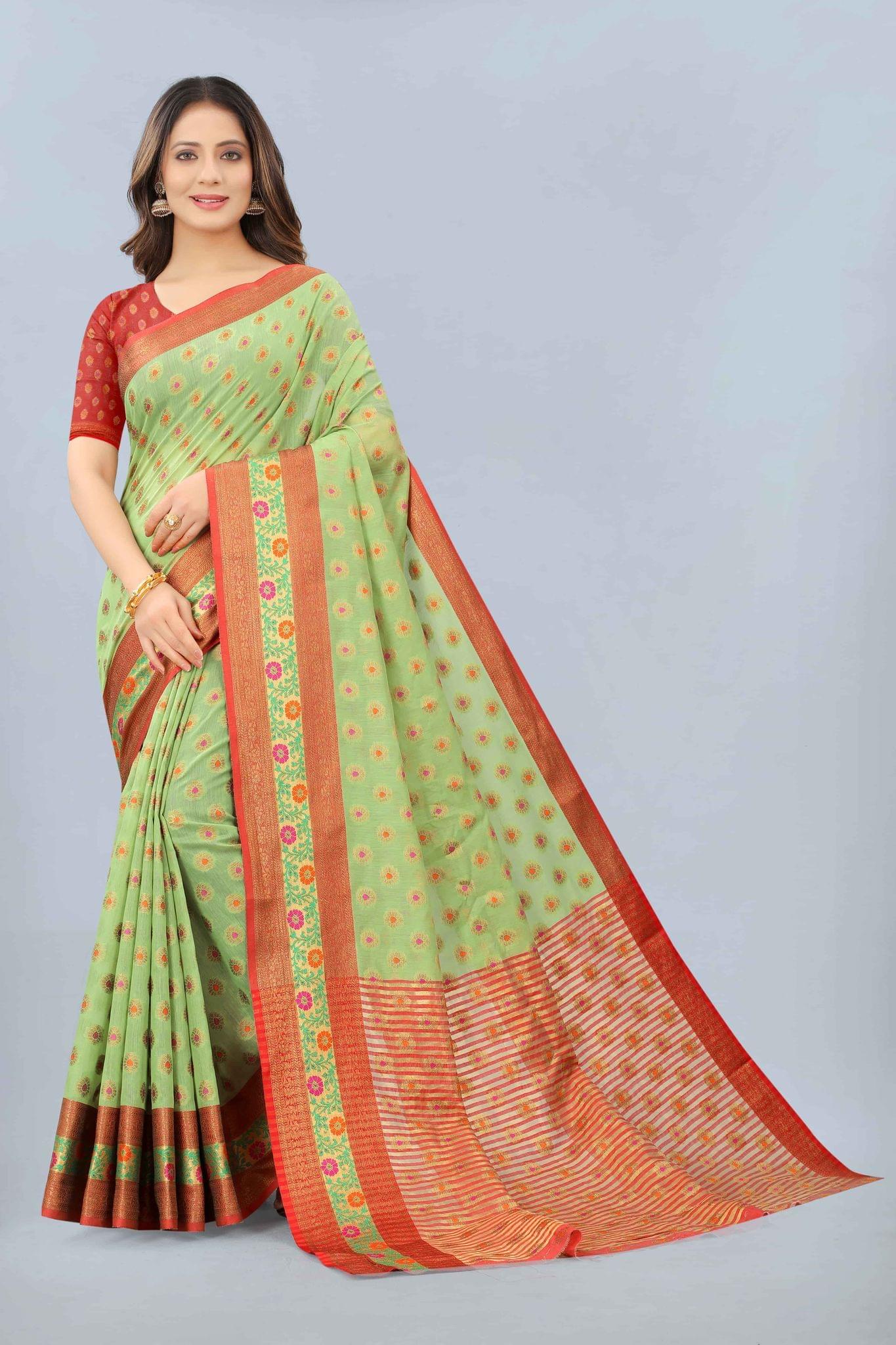 Women's Cotton Woven Green Saree