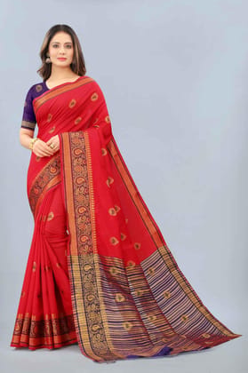 Women's Cotton Woven Red Saree