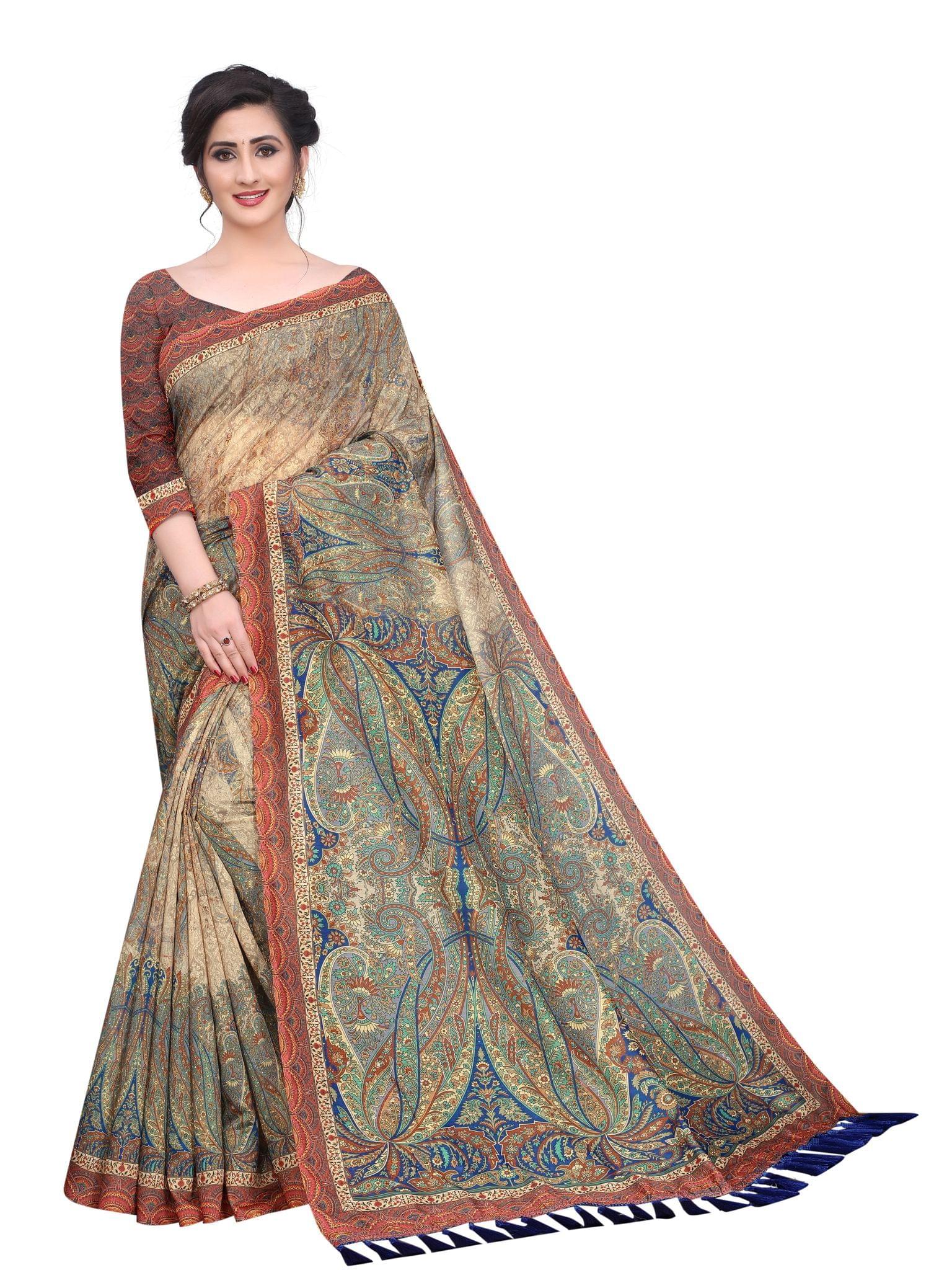 Silk Zone Women's Cotton Blend Digital Printed Beige Saree With Unstitche Blouse Piece