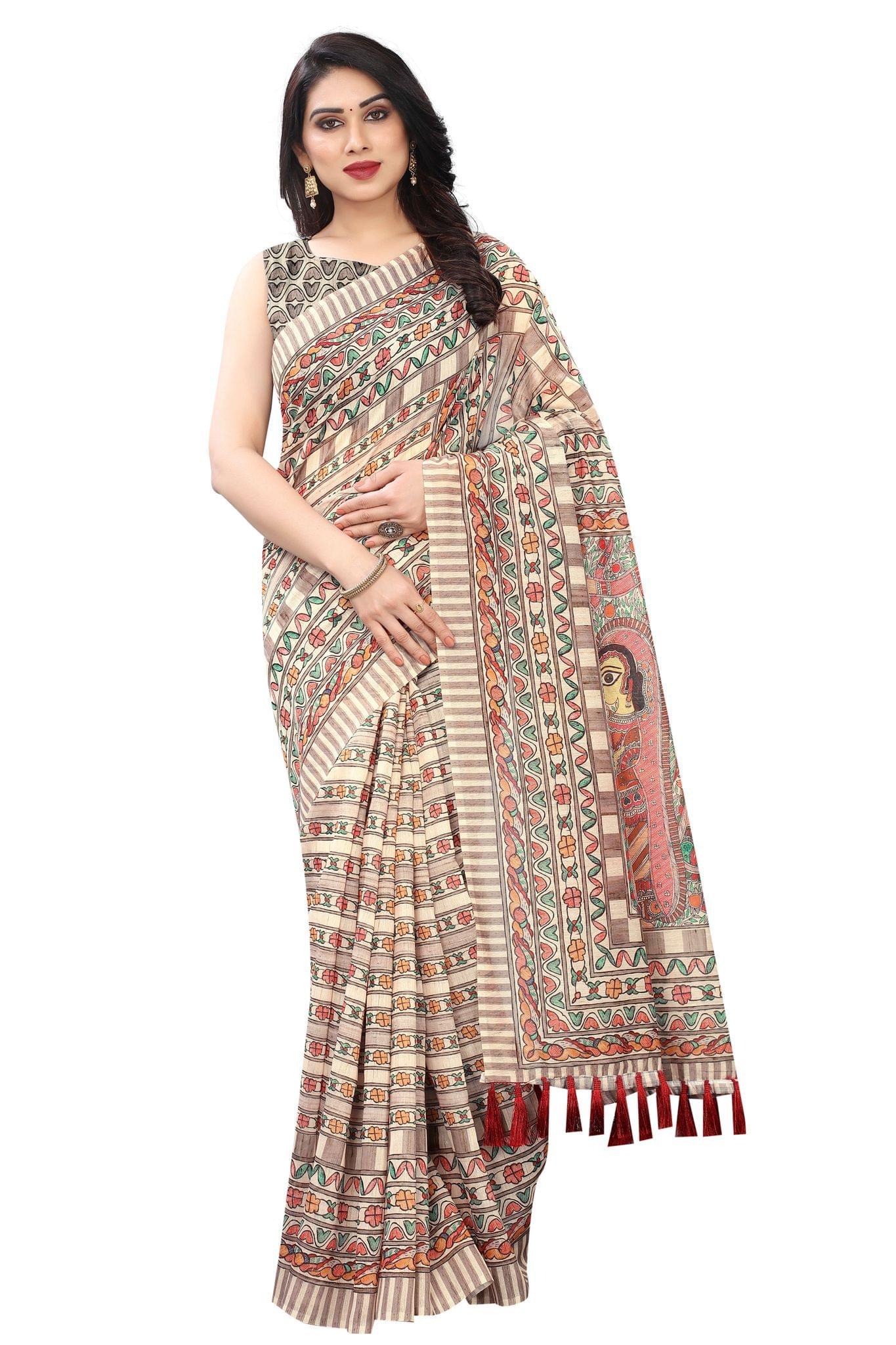 Silk Zone Women's Cotton Digital Printed Tassel Saree with Blouse Piece Green