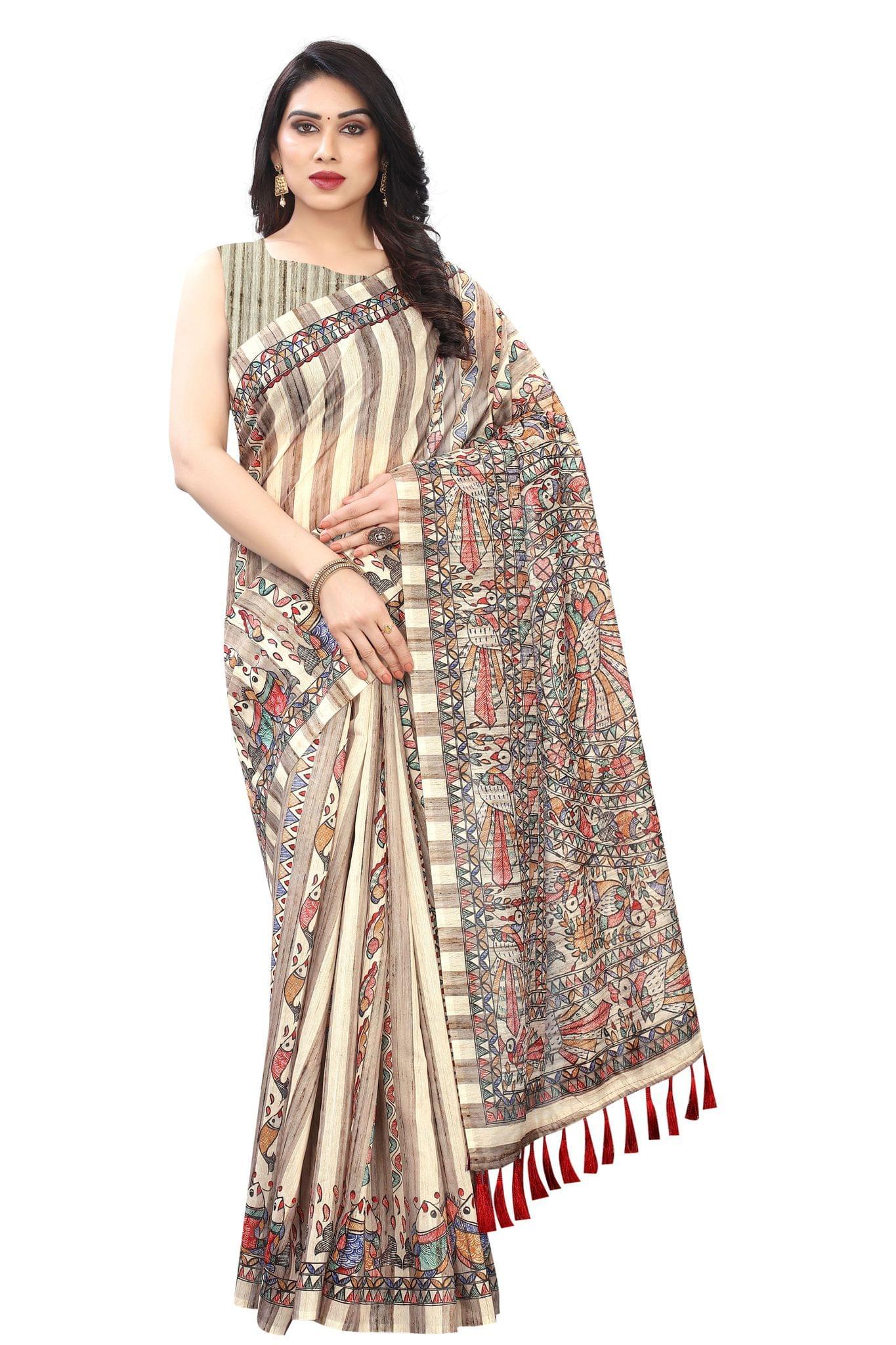 Silk Zone Women's Ajrakh Kalamkari Chanderi Cotton Digital Printed Tassel Saree with Blouse Piece
