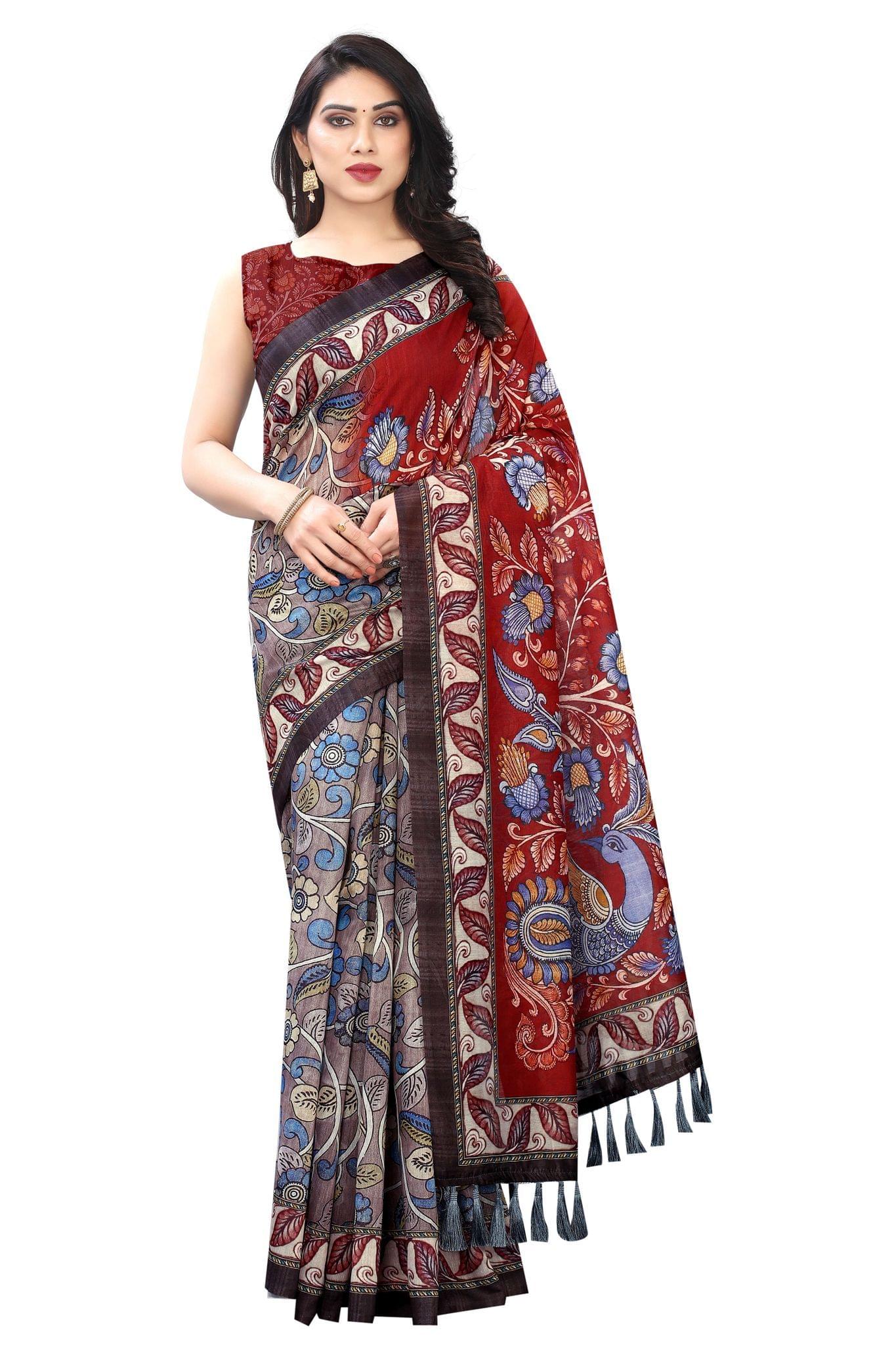 Silk Zone Women's Ajrakh Kalamkari Cotton Digital Printed Tassel Saree with Blouse Piece