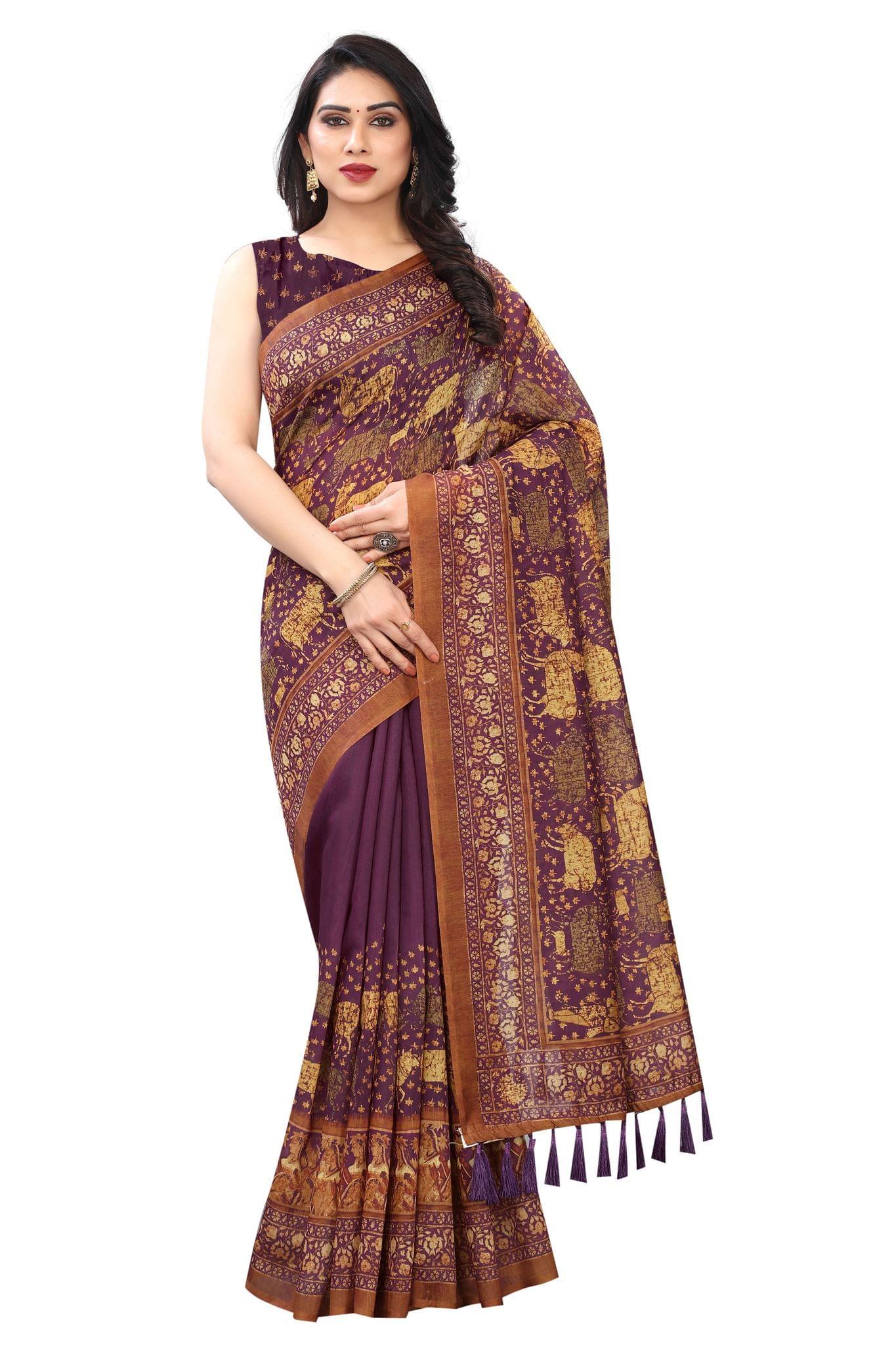 Silk Zone Women's Ajrakh Kalamkari Cotton Digital Printed Tassel Saree with Blouse Piece