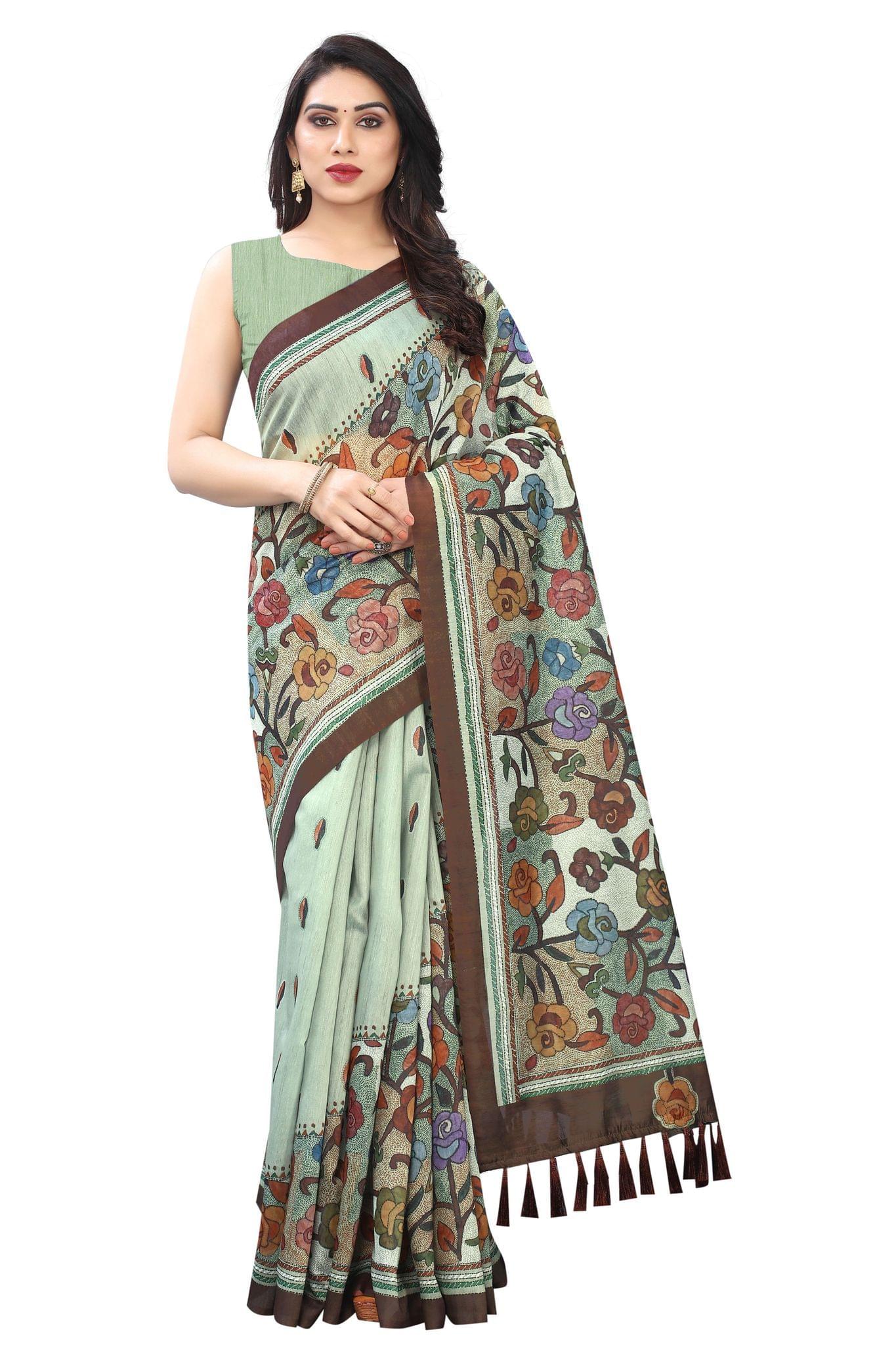 Silk Zone Women's Ajrakh Kalamkari Cotton Digital Printed Chanderi Tassel Saree with Blouse Piece
