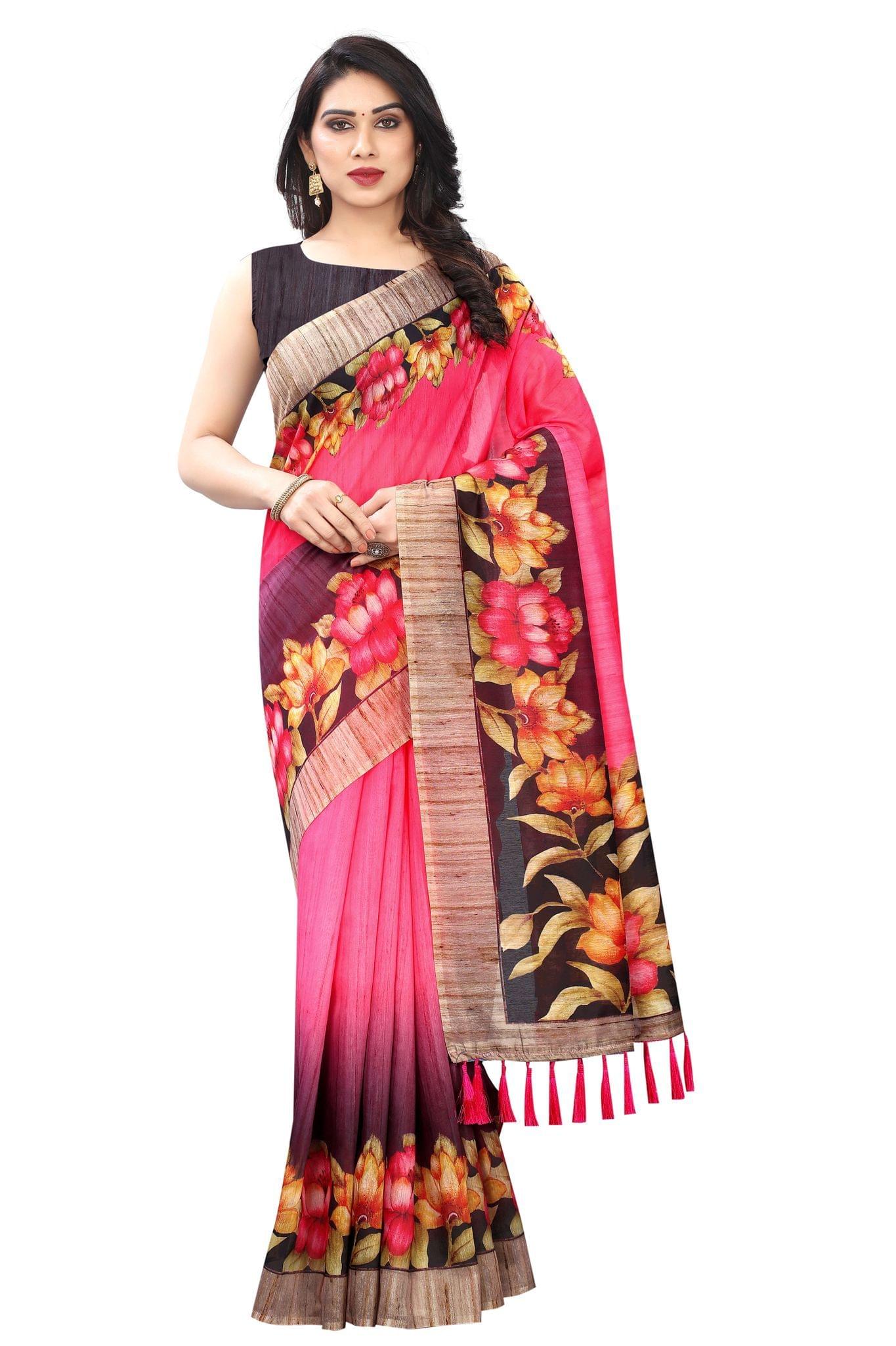 Silk Zone Women's Ajrakh Kalamkari Cotton Digital Printed Tassel Saree with Blouse Piece