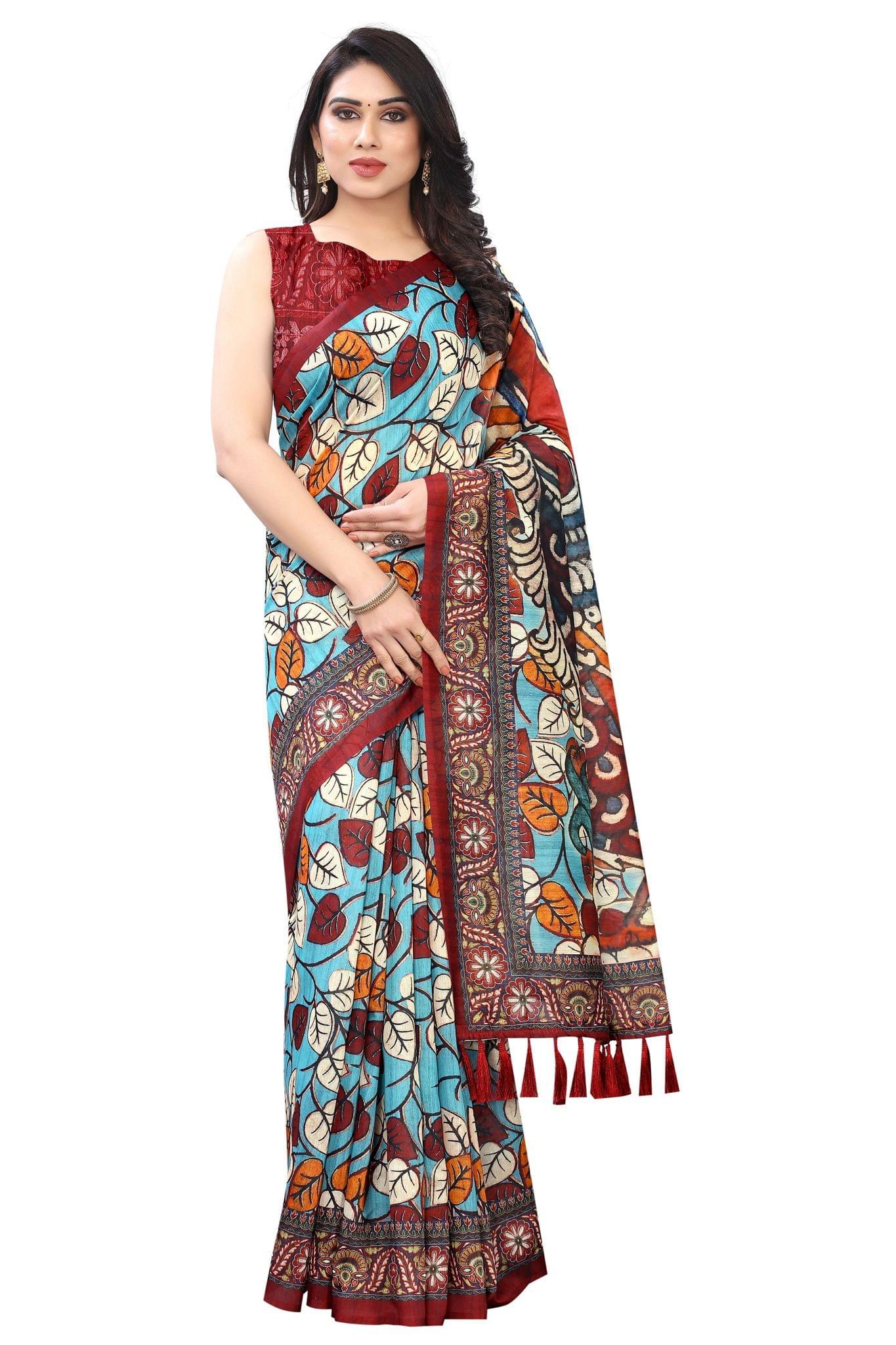 Silk Zone Women's Ajrakh Kalamkari Chanderi Cotton Digital Printed Tassel Saree with Blouse Piece
