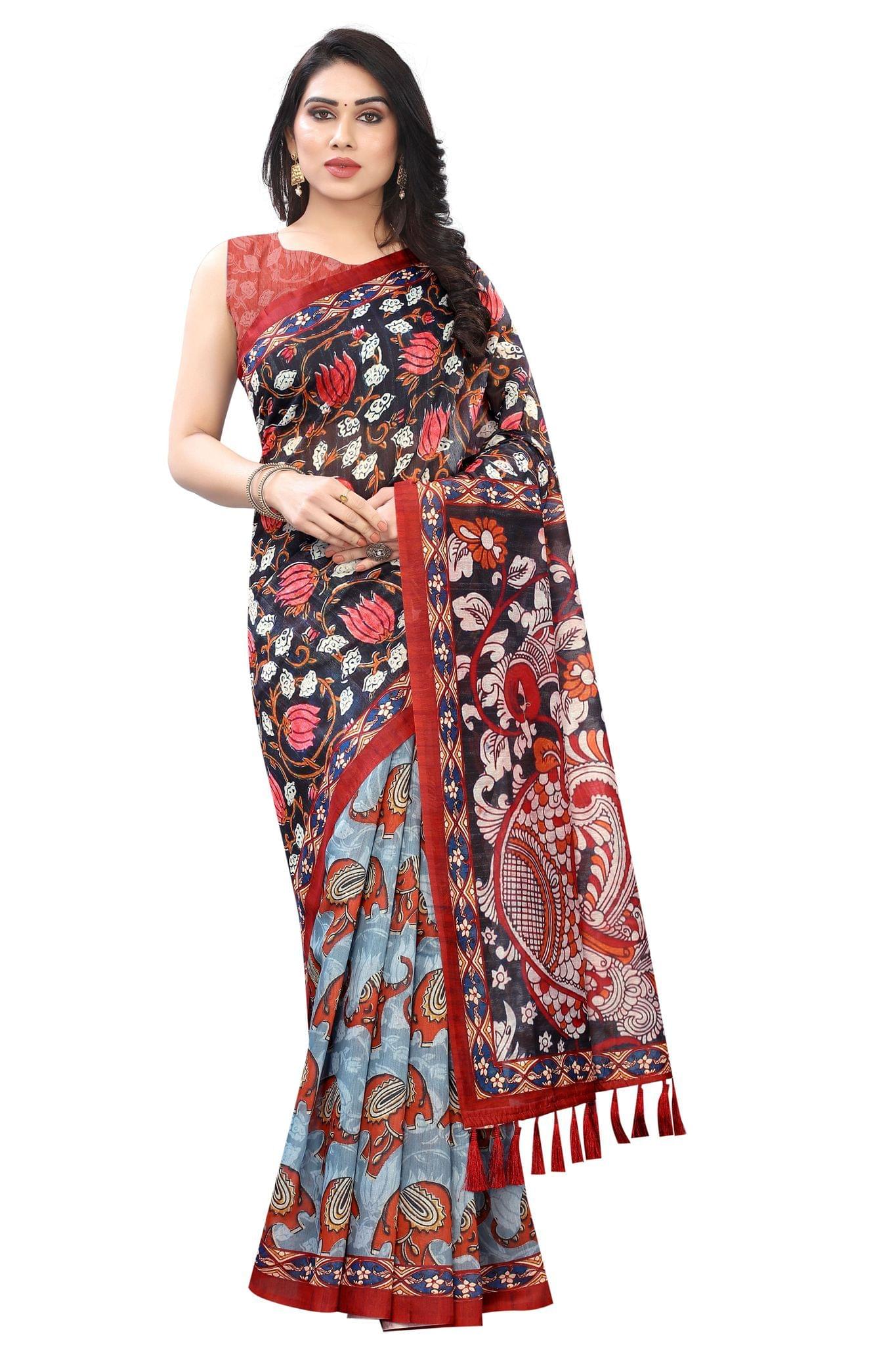 Silk Zone Women's Ajrakh Kalamkari Chanderi Cotton Digital Printed Tassel Saree with Blouse Piece