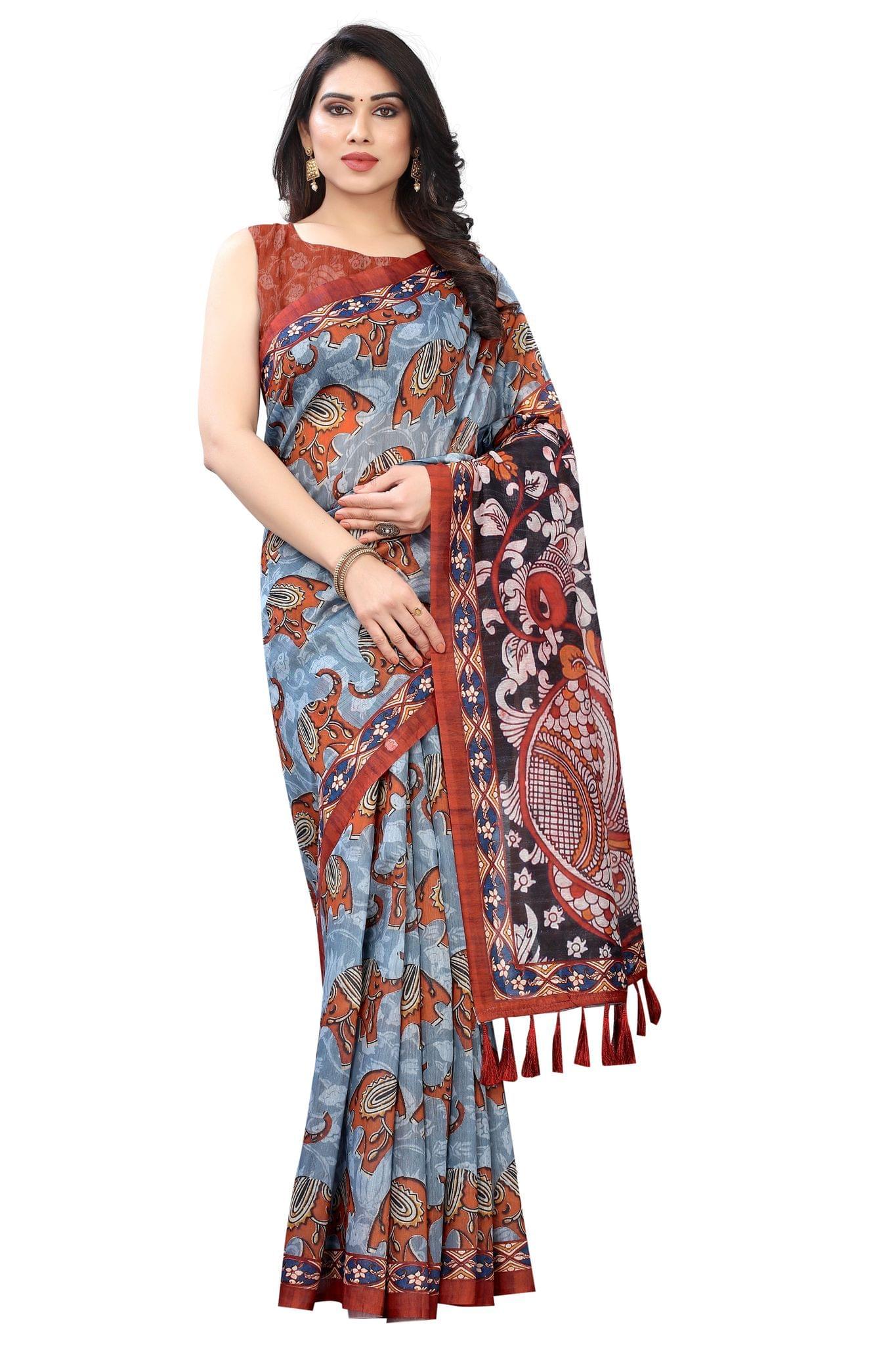 Silk Zone Women's Ajrakh Kalamkari Cotton Digital Printed Tassel Saree with Blouse Piece