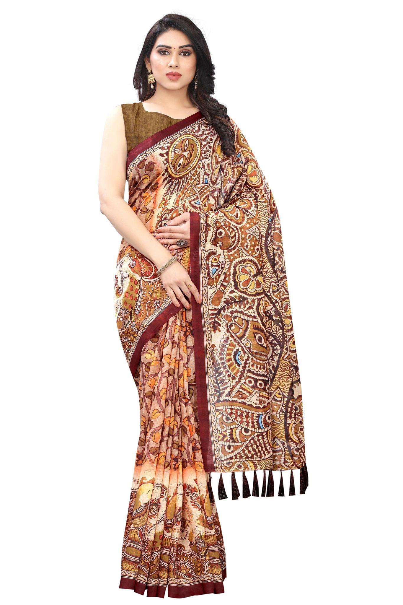 Silk Zone Women's Ajrakh Kalamkari Chanderi Cotton Digital Printed Tassel Saree with Blouse Piece