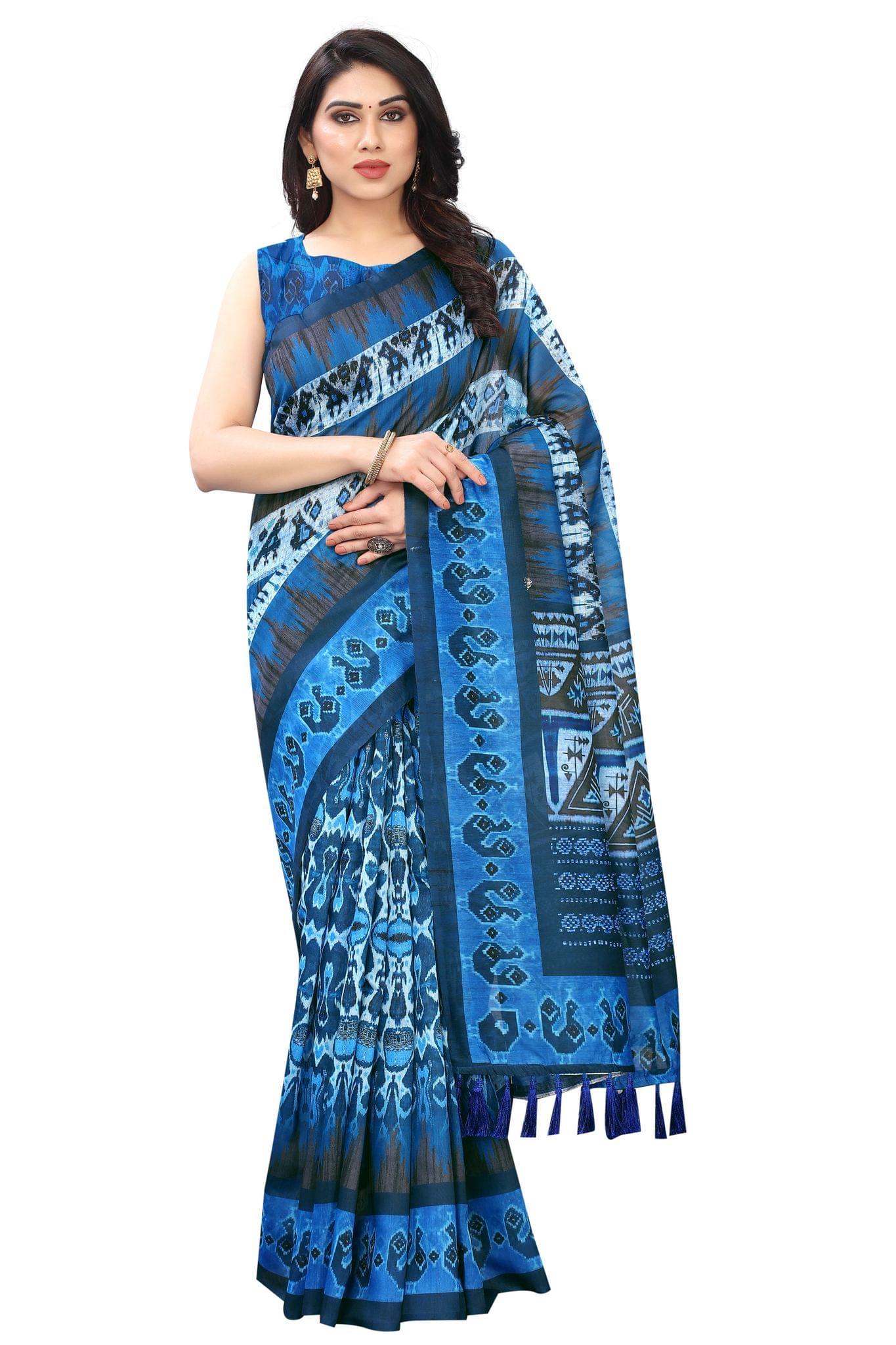 Silk Zone Women's Ajrakh Kalamkari Cotton Digital Printed Tassel Saree with Blouse Piece