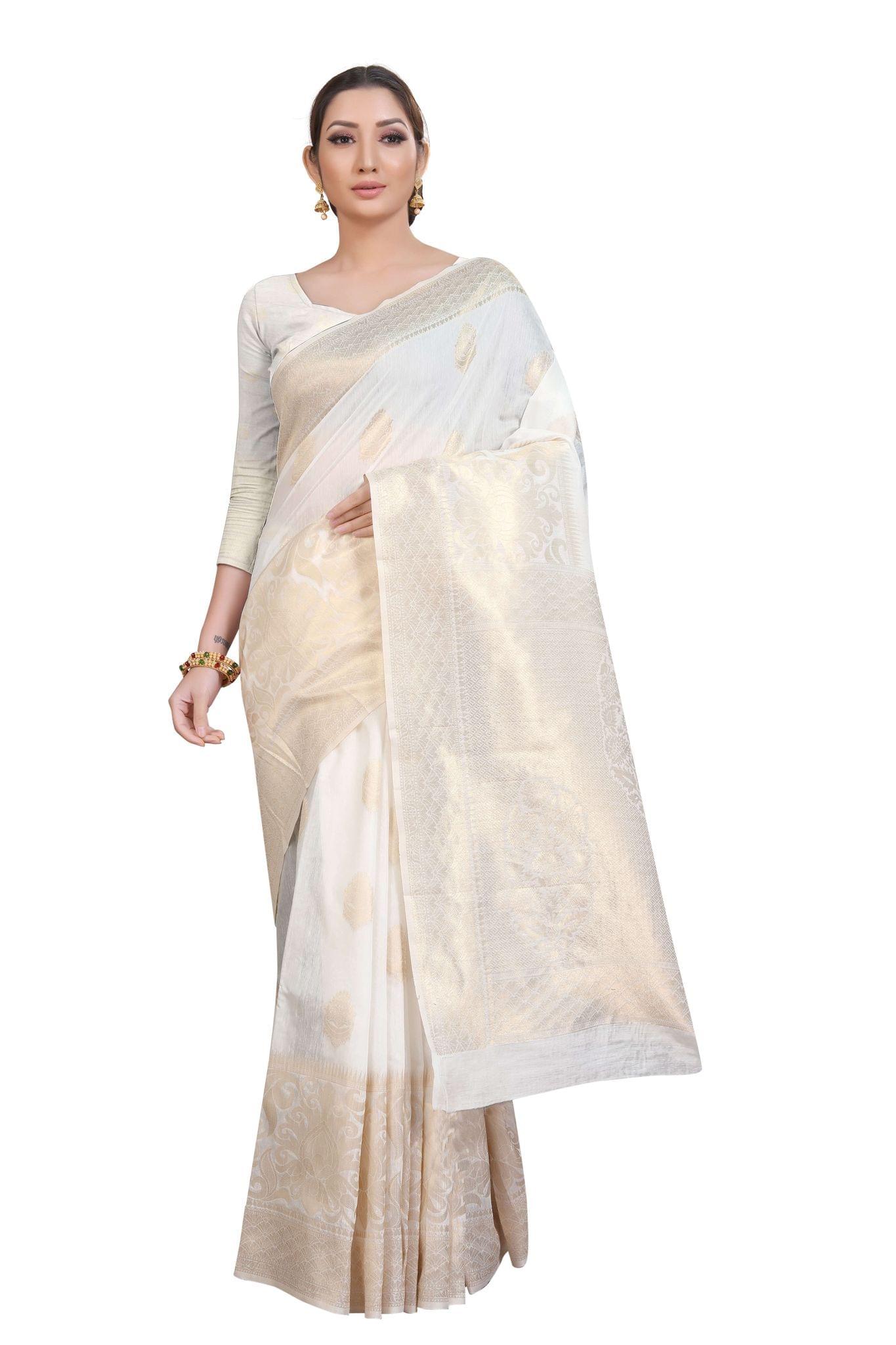 Silk Zone Women's Jamdani Cotton Woven Silk Saree with Blouse Piece