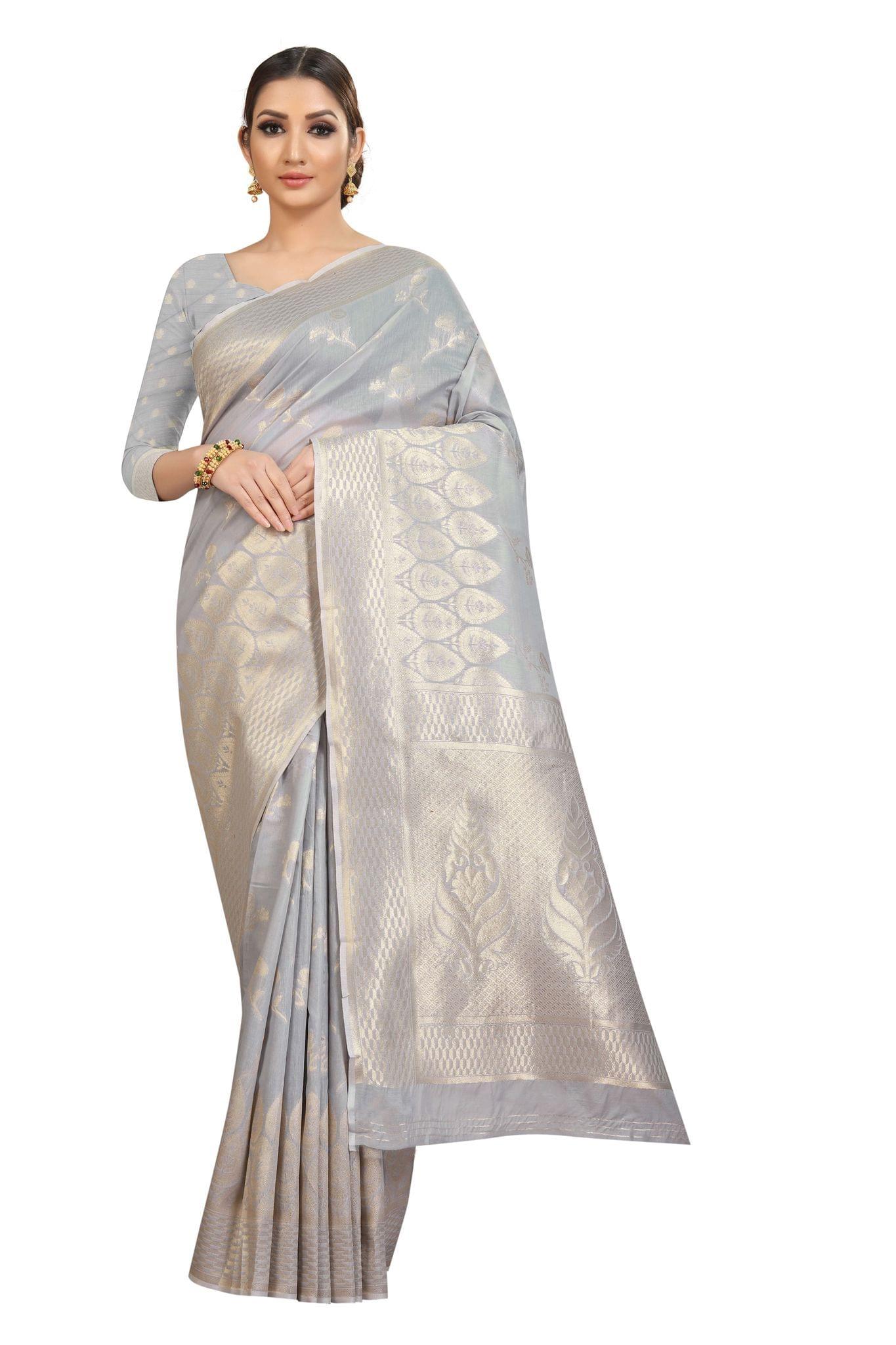 Silk Zone Women's Jamdani Cotton Woven Silk Saree with Blouse Piece