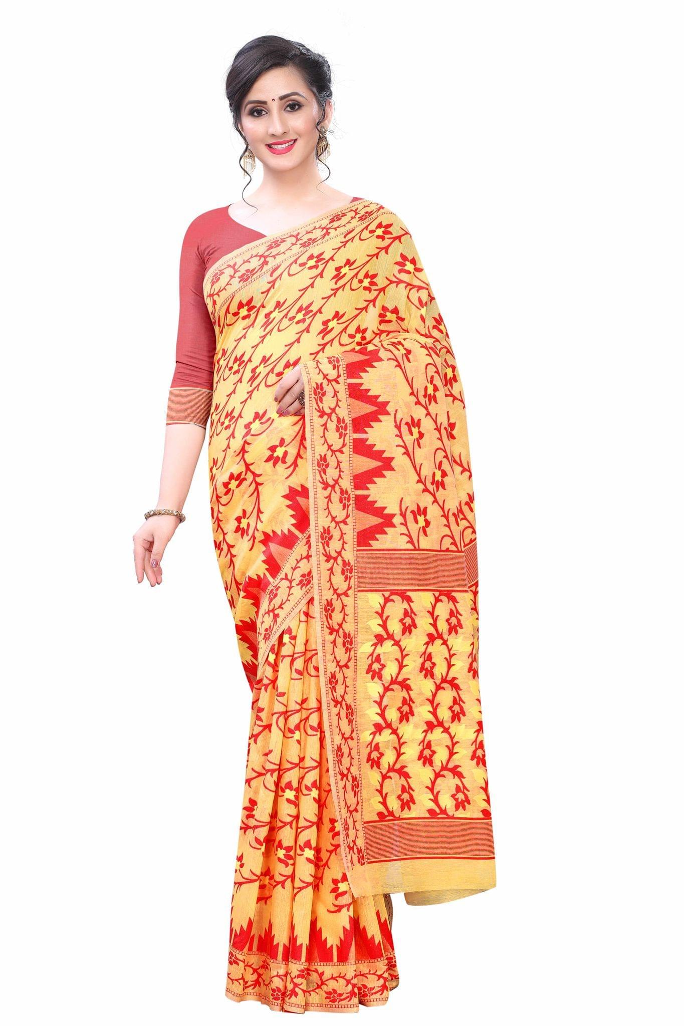 Silk Zone Women's Jamdani Cotton Blend Woven Saree