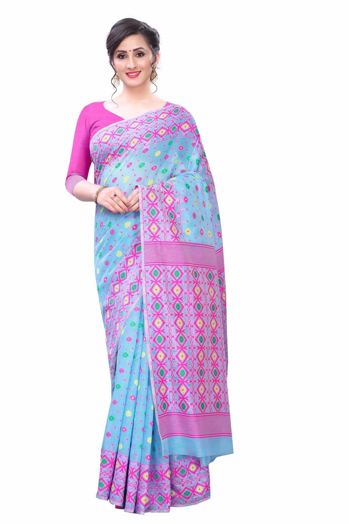 Silk Zone Women's Jamdani Cotton Blend Woven Saree