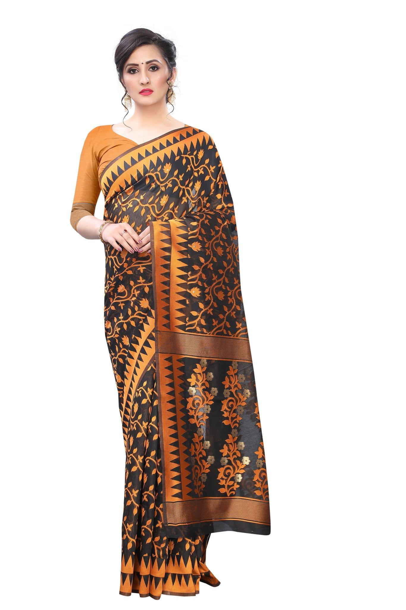Silk Zone Women's Jamdani Cotton Blend Woven Saree with Blouse Piece