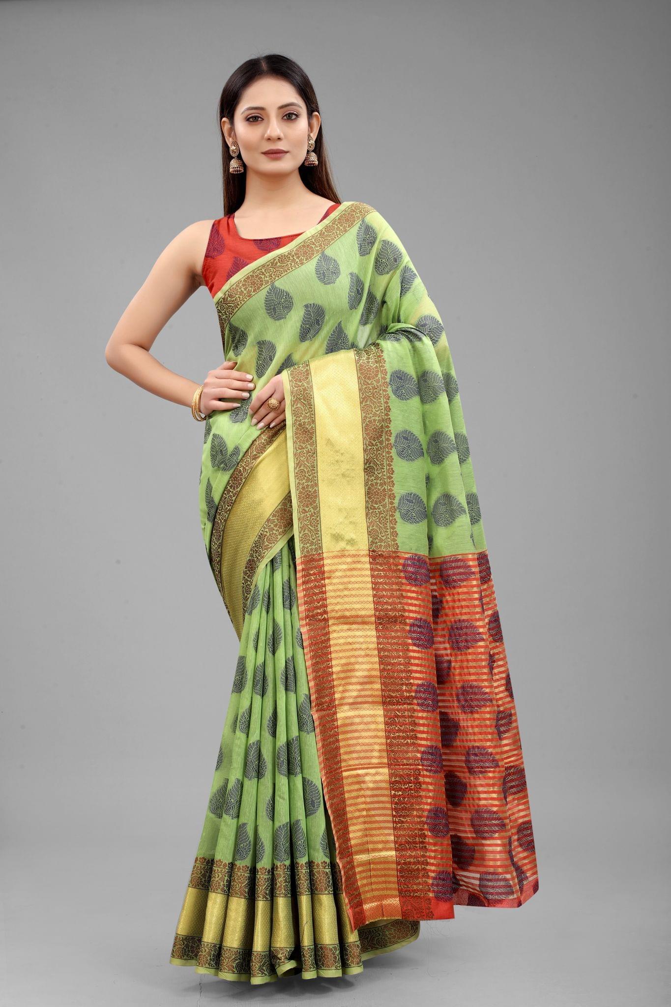Silk Zone Women's Cotton Woven  Saree With Unstiched Blouse Piece