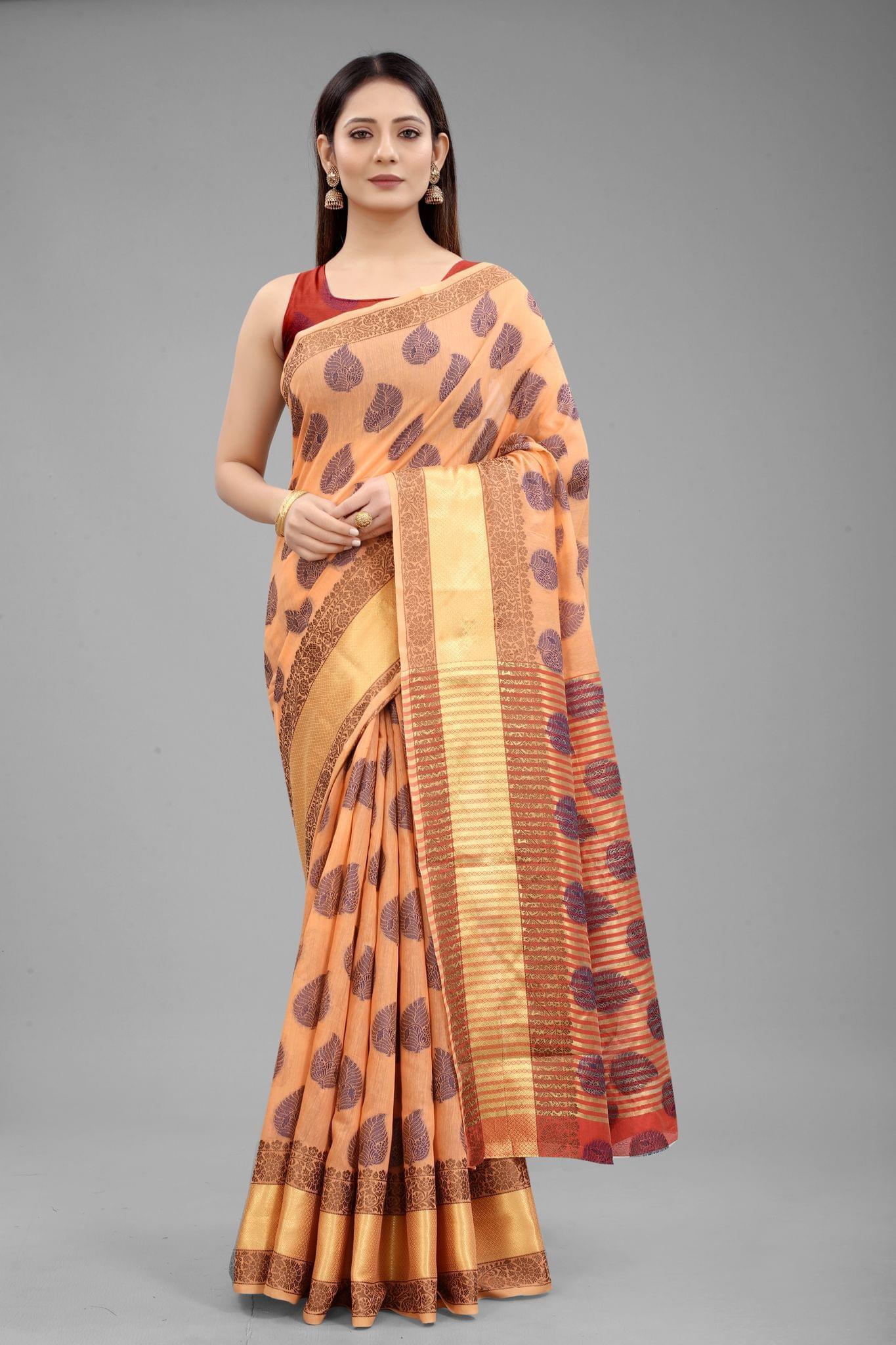 Silk Zone Women's Cotton Woven  Saree With Unstiched Blouse Piece