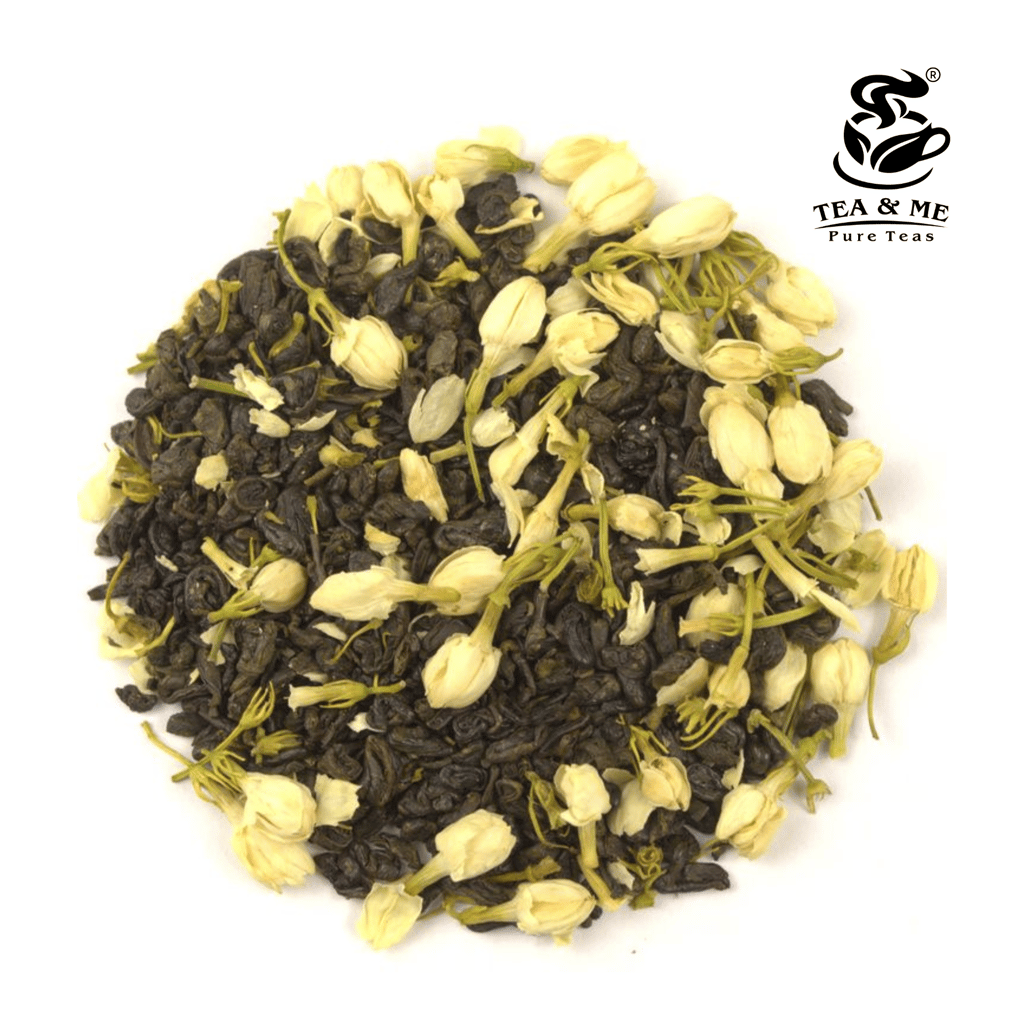 TEA & ME Jasmine Green Loose Leaf Tea, Finest grade green leaf tea with jasmine buds with antioxidants for overall well-being in golden dom tin Great for tea lovers or as a thoughtful present