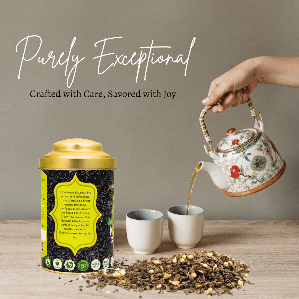 TEA & ME Jasmine Green Loose Leaf Tea, Finest grade green leaf tea with jasmine buds with antioxidants for overall well-being in golden dom tin Great for tea lovers or as a thoughtful present