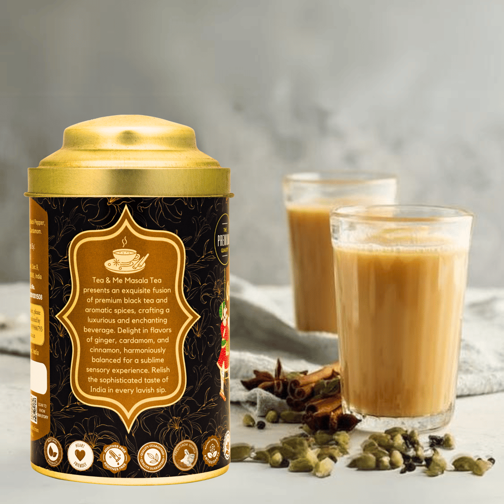 Tea & Me Masala Tea Blended CTC with finest Indian spices Black Pepper, Cardamom, Cinnamon, Ginger, Masala Chai Tin