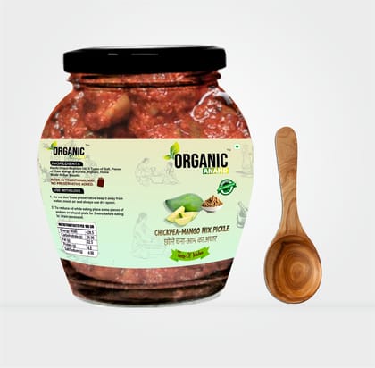 Organic Anand Homemade Chickpea Mango Mix Pickles 350gram Traditional Chana/Chhole Aam ka Achar with Neemwood Spoon Flavourful Delicious Tastemwood Spoon (350gm-Pack of 1)